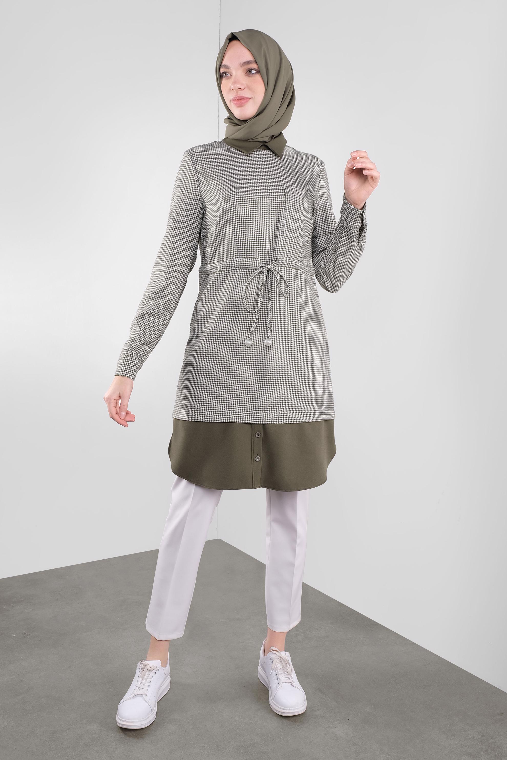 Tesettür giyim HAKİ BAĞCIKLI  KAZAYAĞI DESENLİ TUNİK  41171