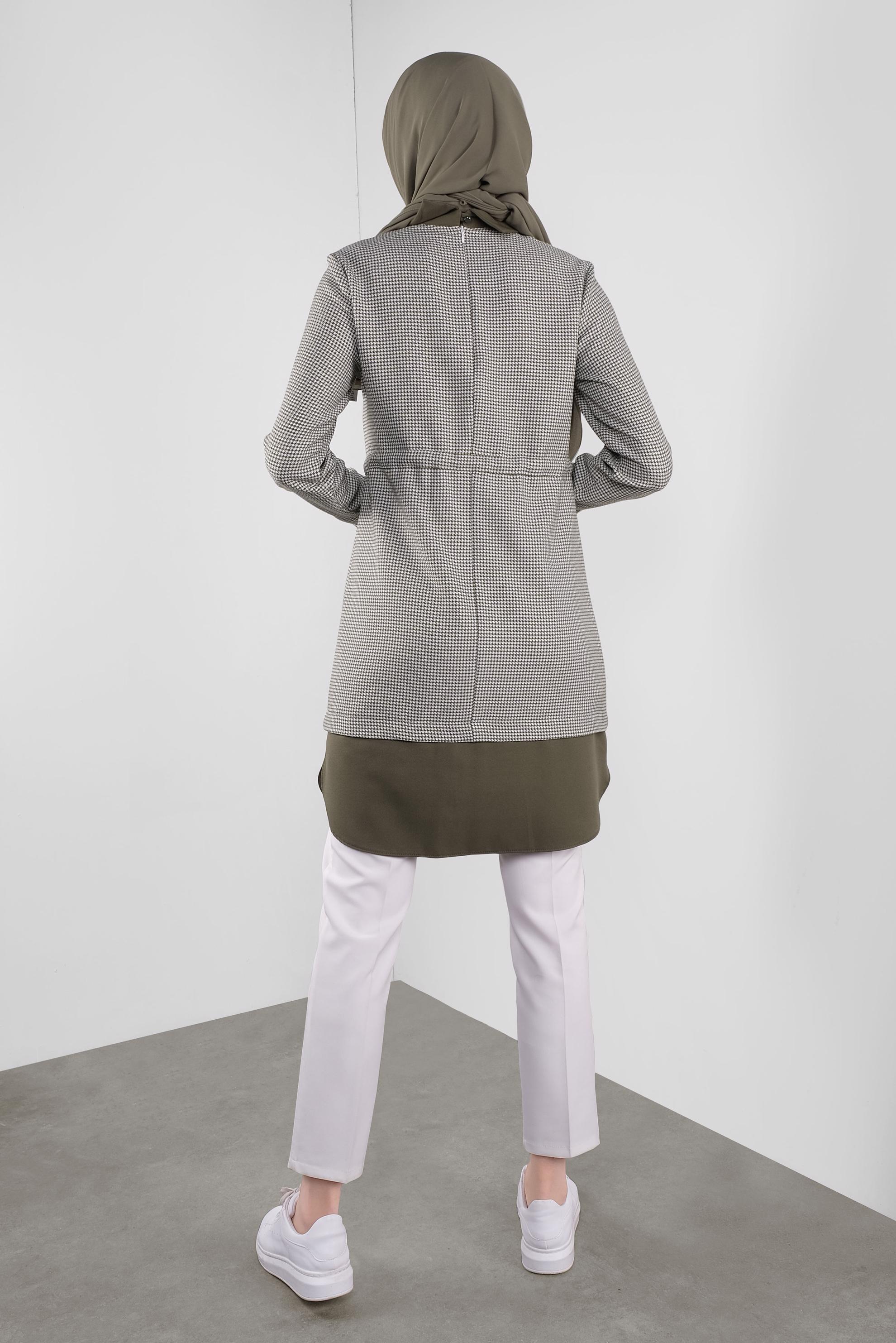 Tesettür giyim HAKİ BAĞCIKLI  KAZAYAĞI DESENLİ TUNİK  41171