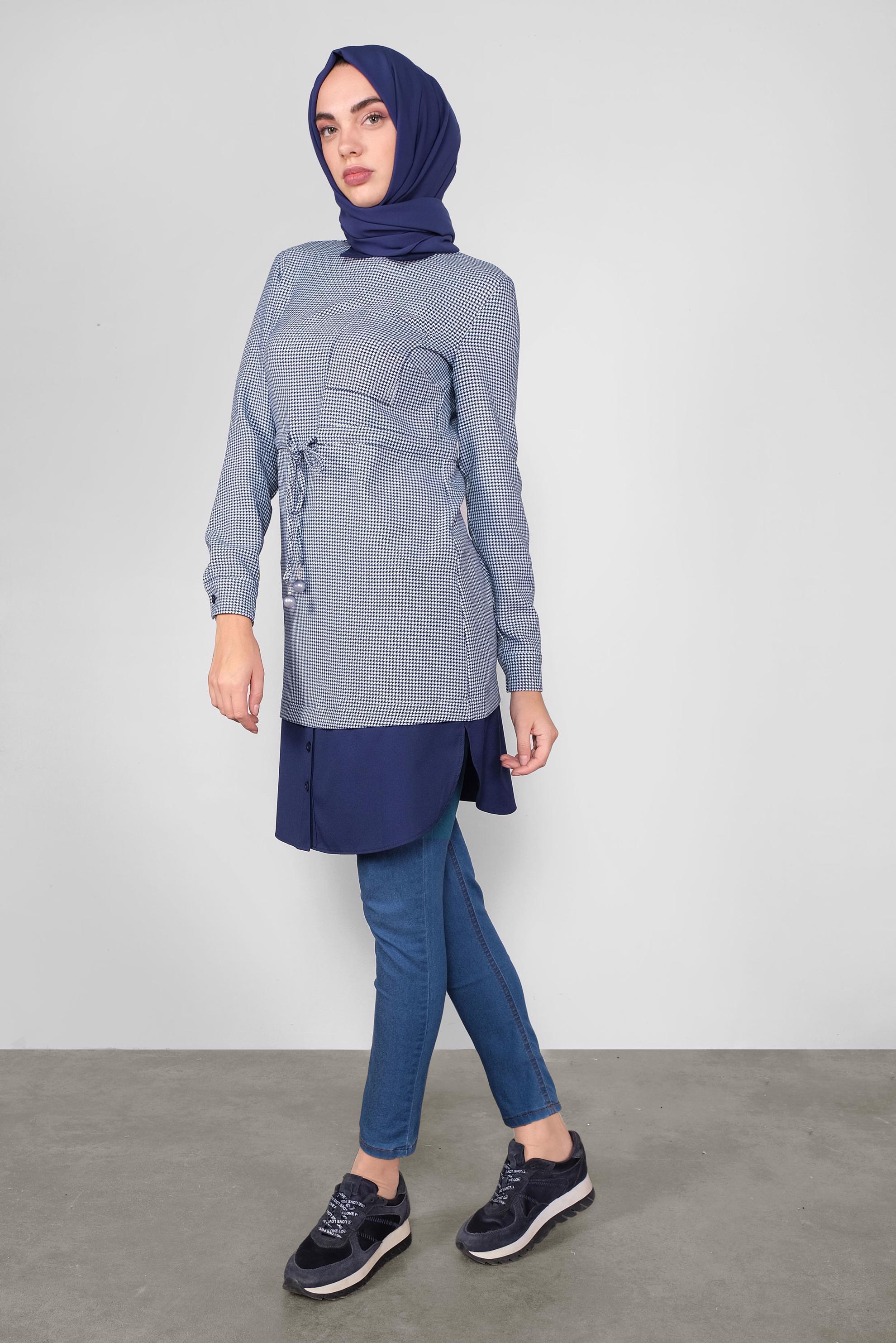 Tesettür giyim LACİVERT BAĞCIKLI  KAZAYAĞI DESENLİ TUNİK  41171