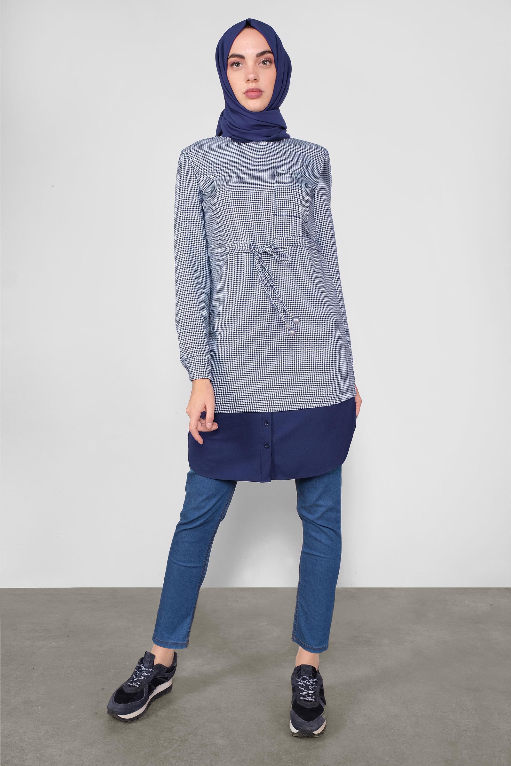 Tesettür giyim LACİVERT BAĞCIKLI  KAZAYAĞI DESENLİ TUNİK  41171