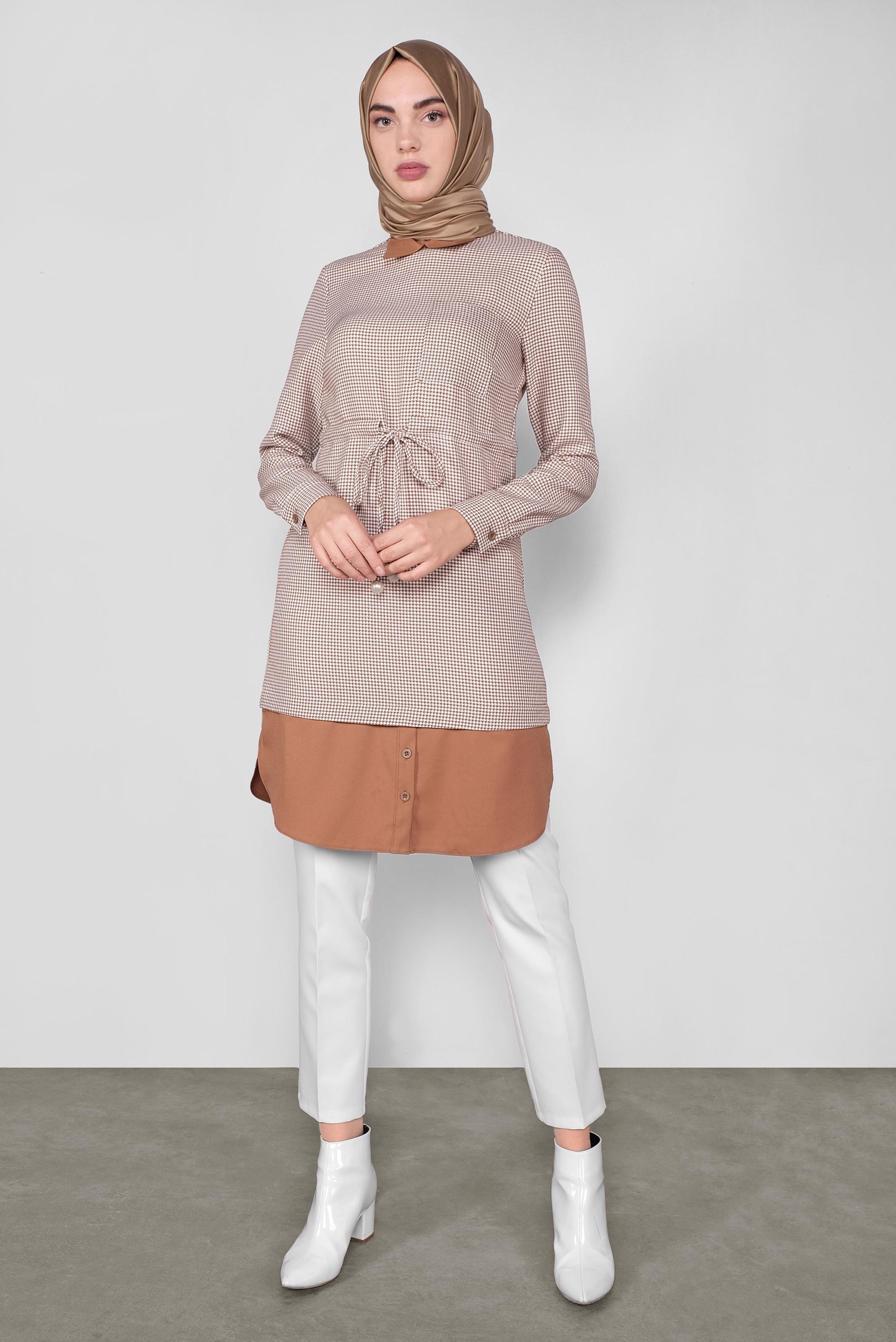 Tesettür giyim TABA BAĞCIKLI  KAZAYAĞI DESENLİ TUNİK  41171