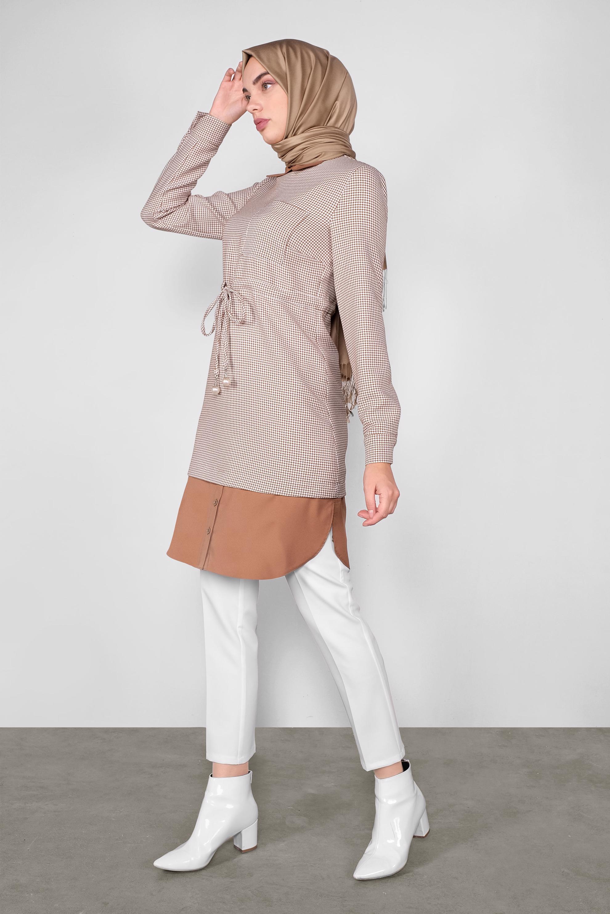 Tesettür giyim TABA BAĞCIKLI  KAZAYAĞI DESENLİ TUNİK  41171