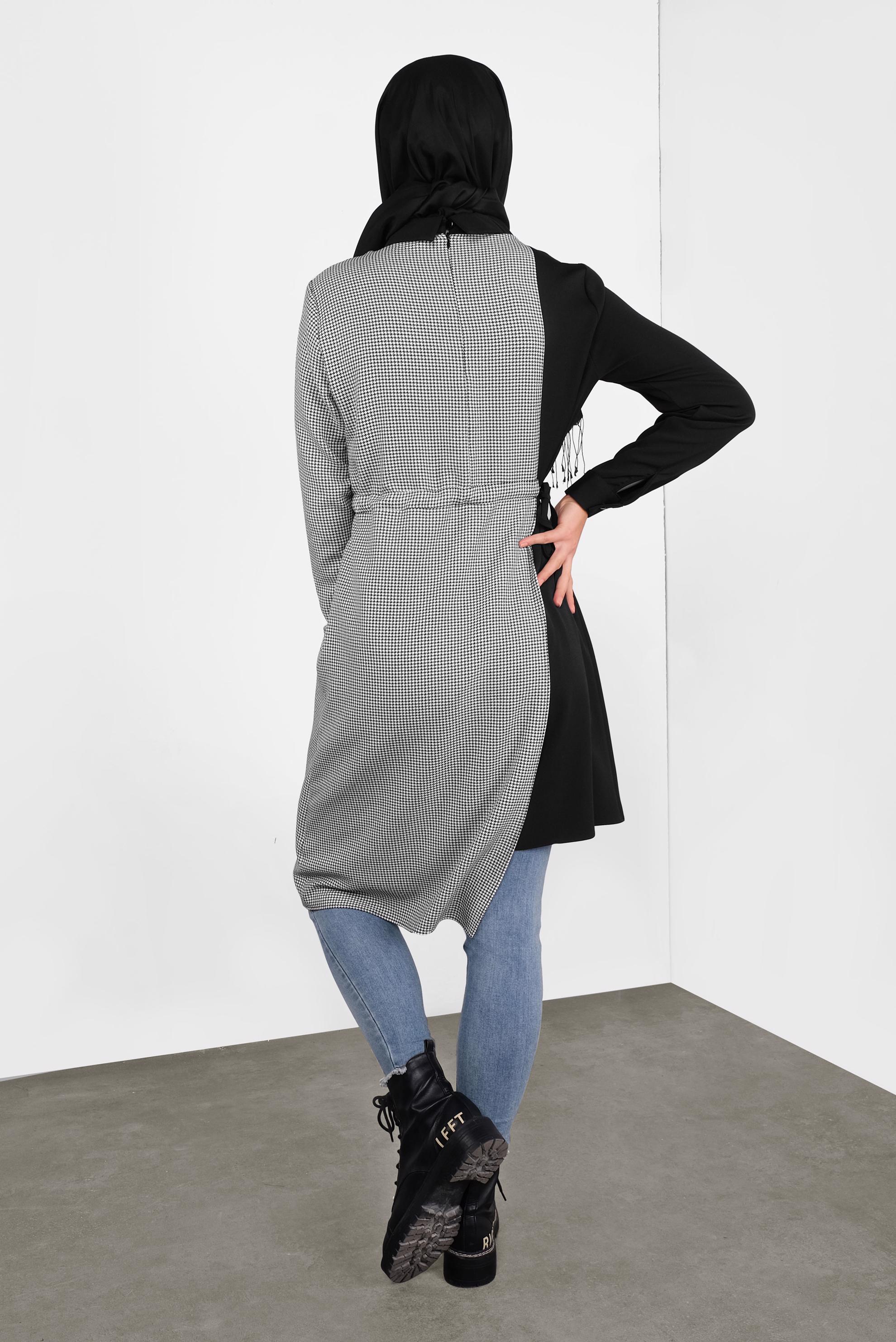 Tesettür giyim SİYAH YANDAN BAĞCIKLI PÖTİKARELİ TUNİK 41172 