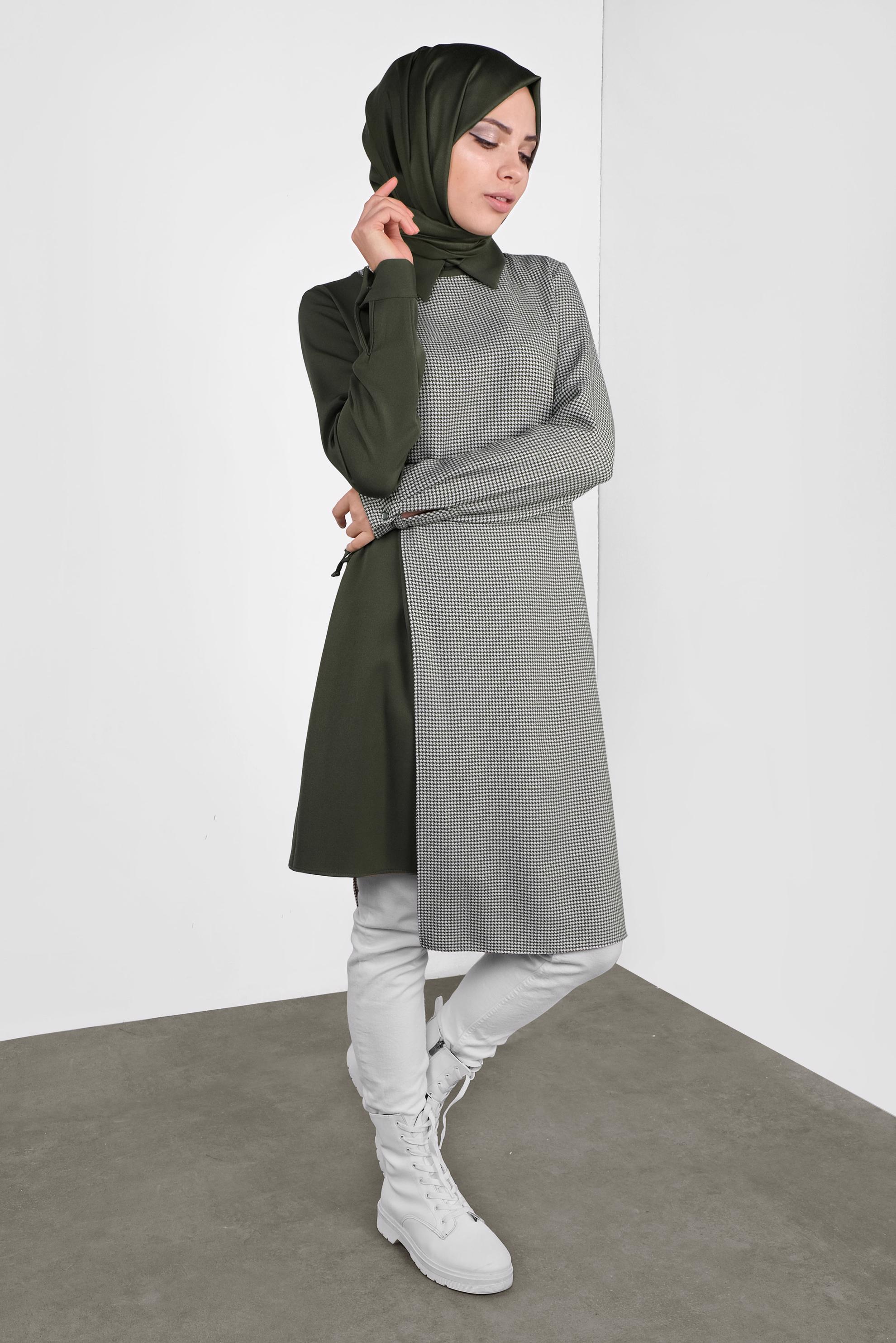 Tesettür giyim HAKİ YANDAN BAĞCIKLI PÖTİKARELİ TUNİK 41172 