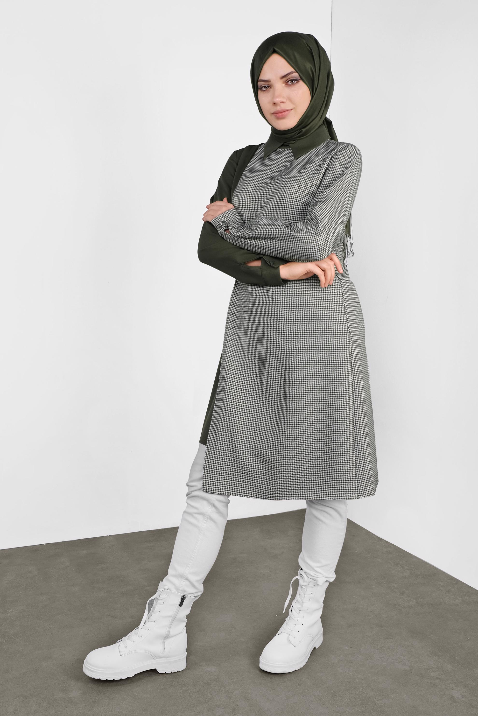 Tesettür giyim HAKİ YANDAN BAĞCIKLI PÖTİKARELİ TUNİK 41172 