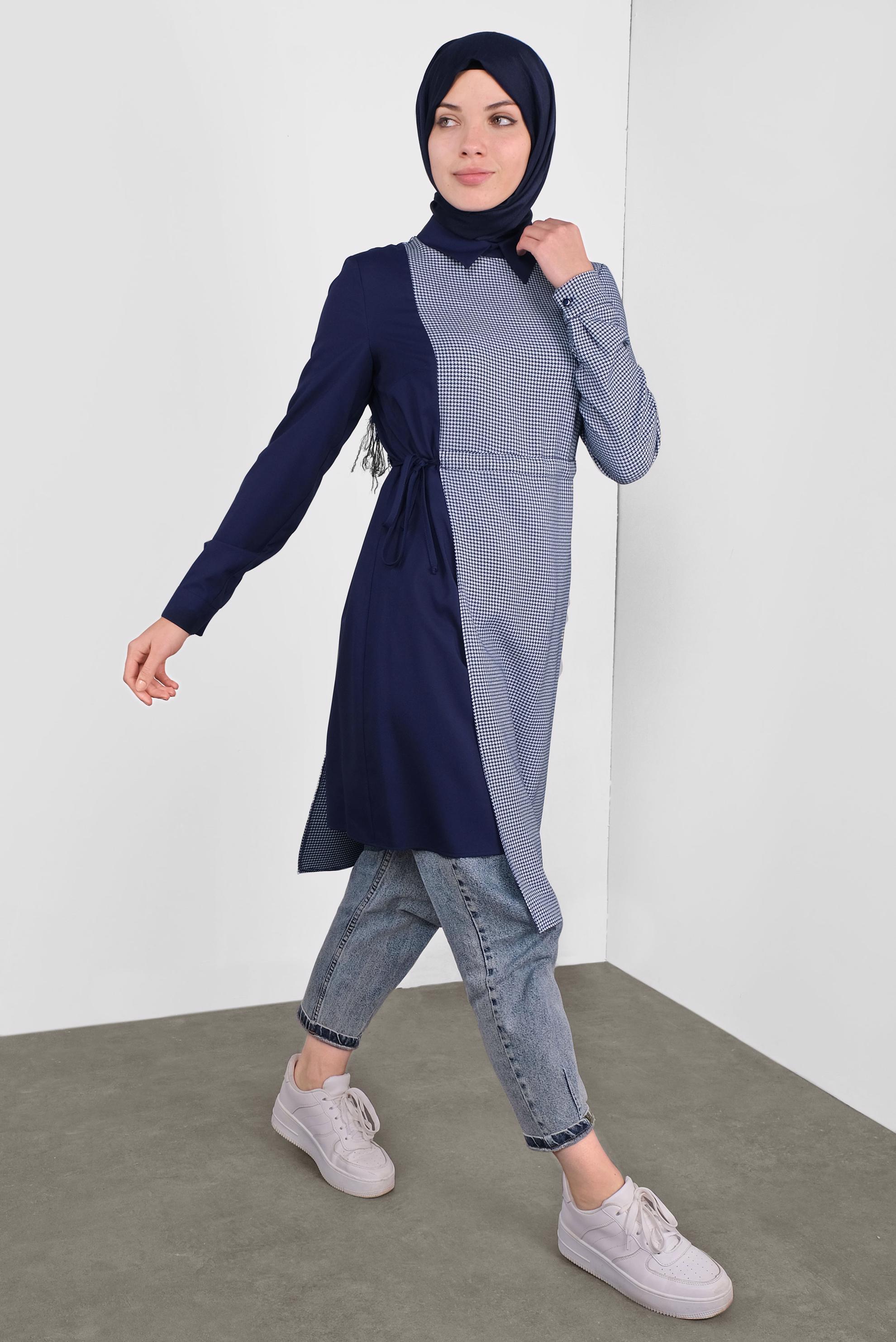 Tesettür giyim LACİVERT YANDAN BAĞCIKLI PÖTİKARELİ TUNİK 41172 