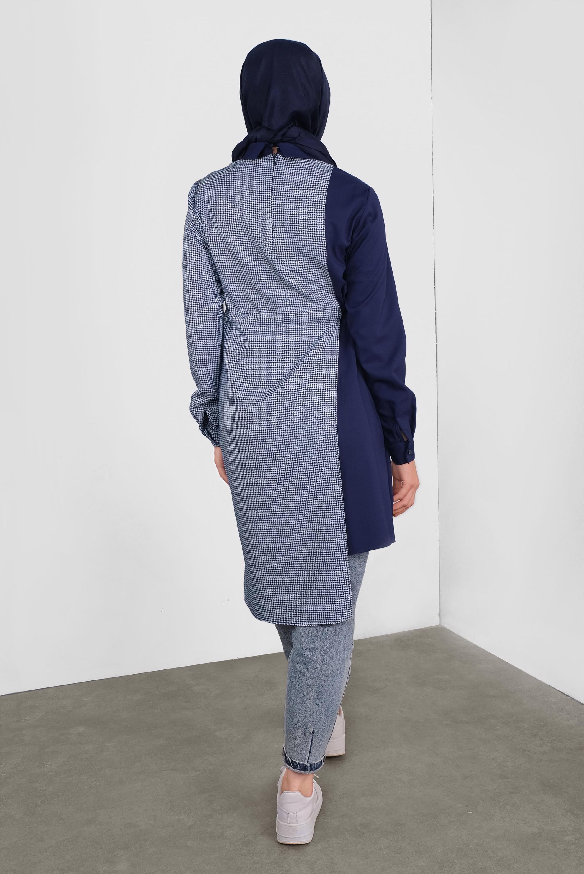 Tesettür giyim LACİVERT YANDAN BAĞCIKLI PÖTİKARELİ TUNİK 41172 