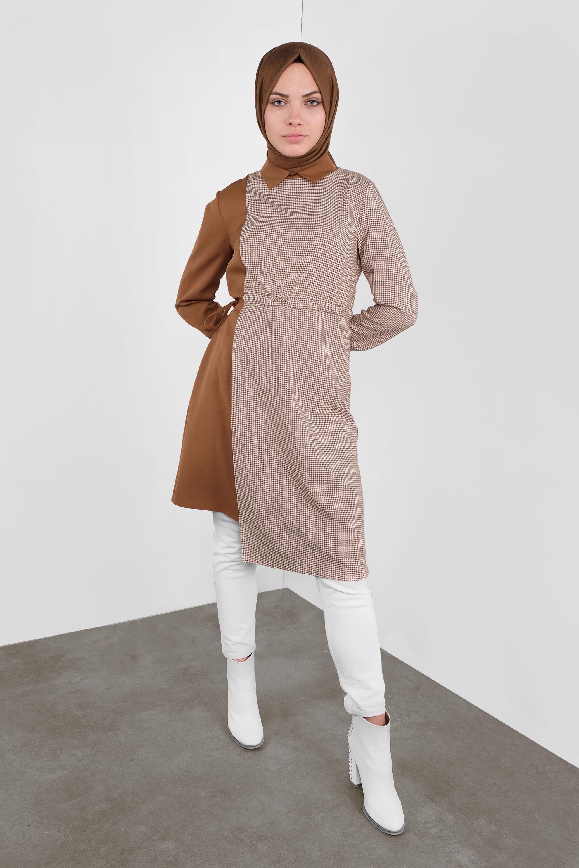 Tesettür giyim TABA YANDAN BAĞCIKLI PÖTİKARELİ TUNİK 41172 