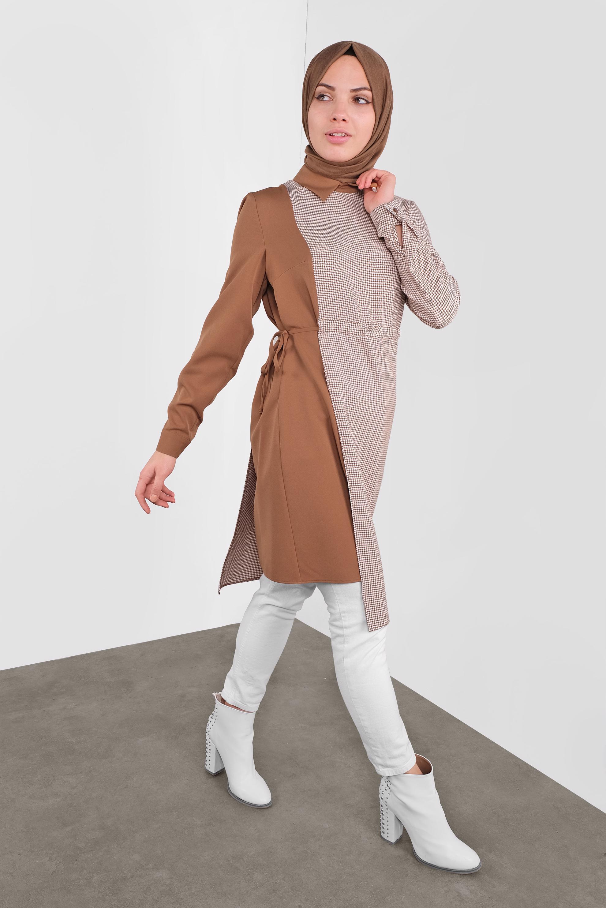 Tesettür giyim TABA YANDAN BAĞCIKLI PÖTİKARELİ TUNİK 41172 