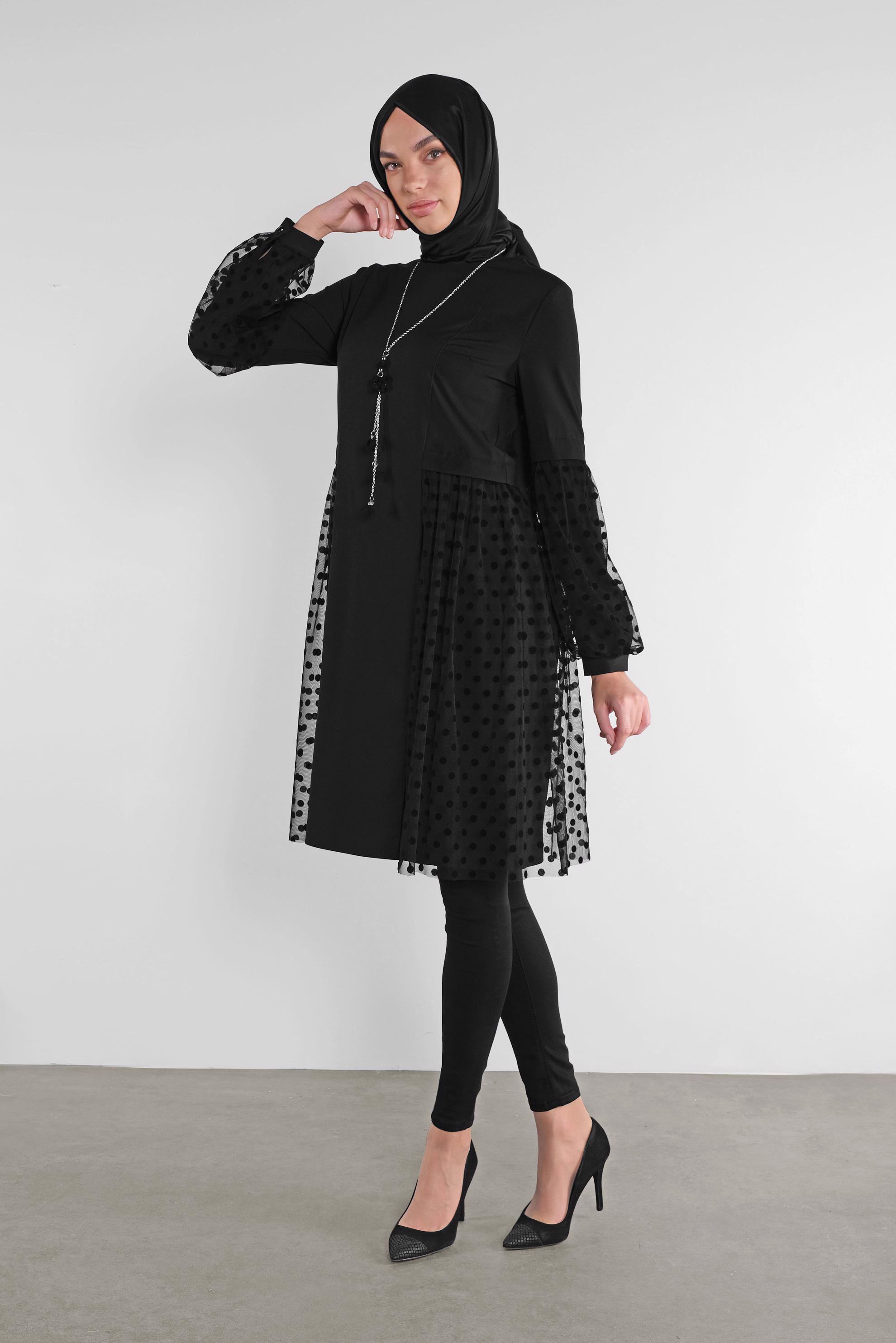 Tesettür giyim SİYAH TÜLLÜ PUANTİYELİ TUNİK 41174