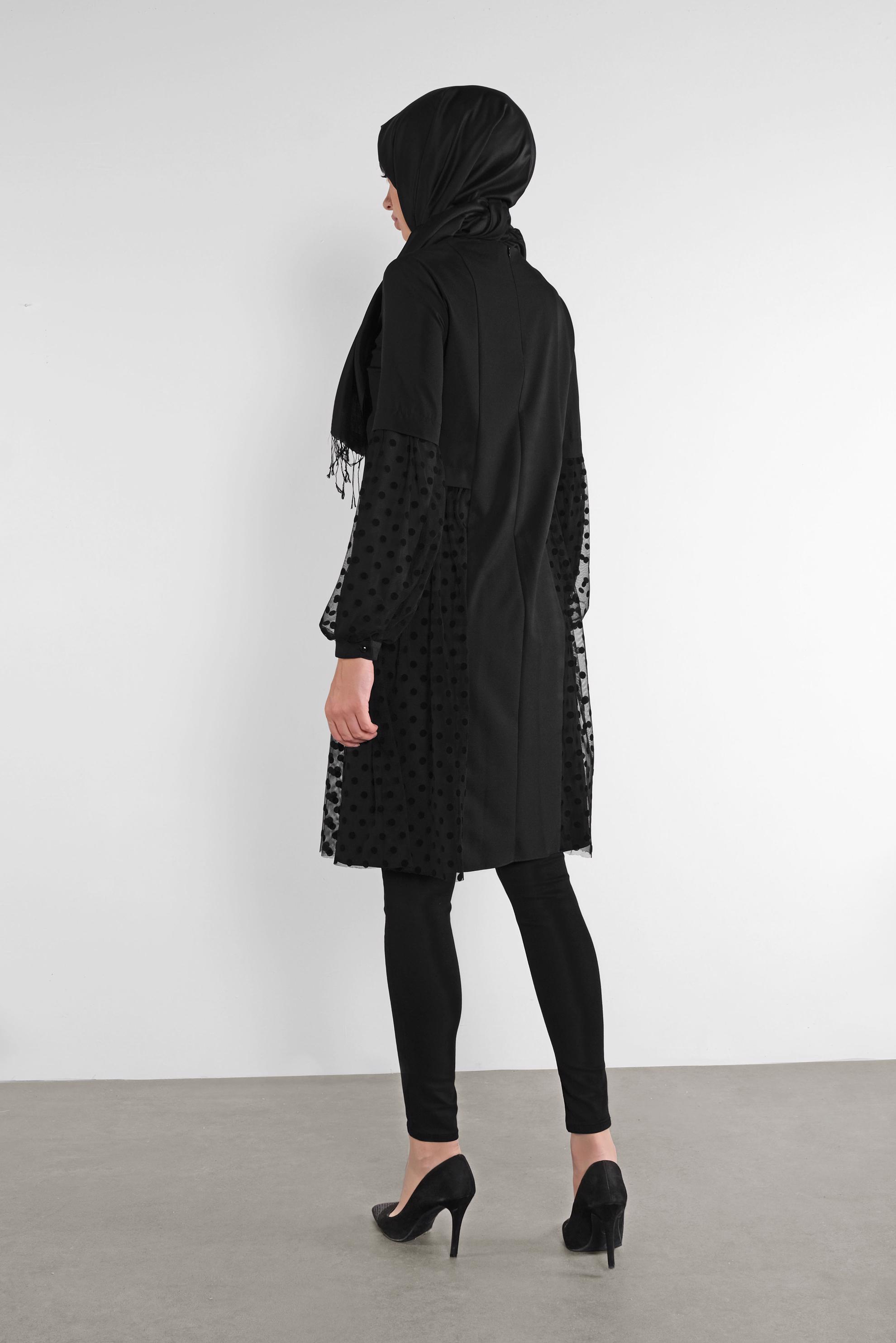 Tesettür giyim SİYAH TÜLLÜ PUANTİYELİ TUNİK 41174