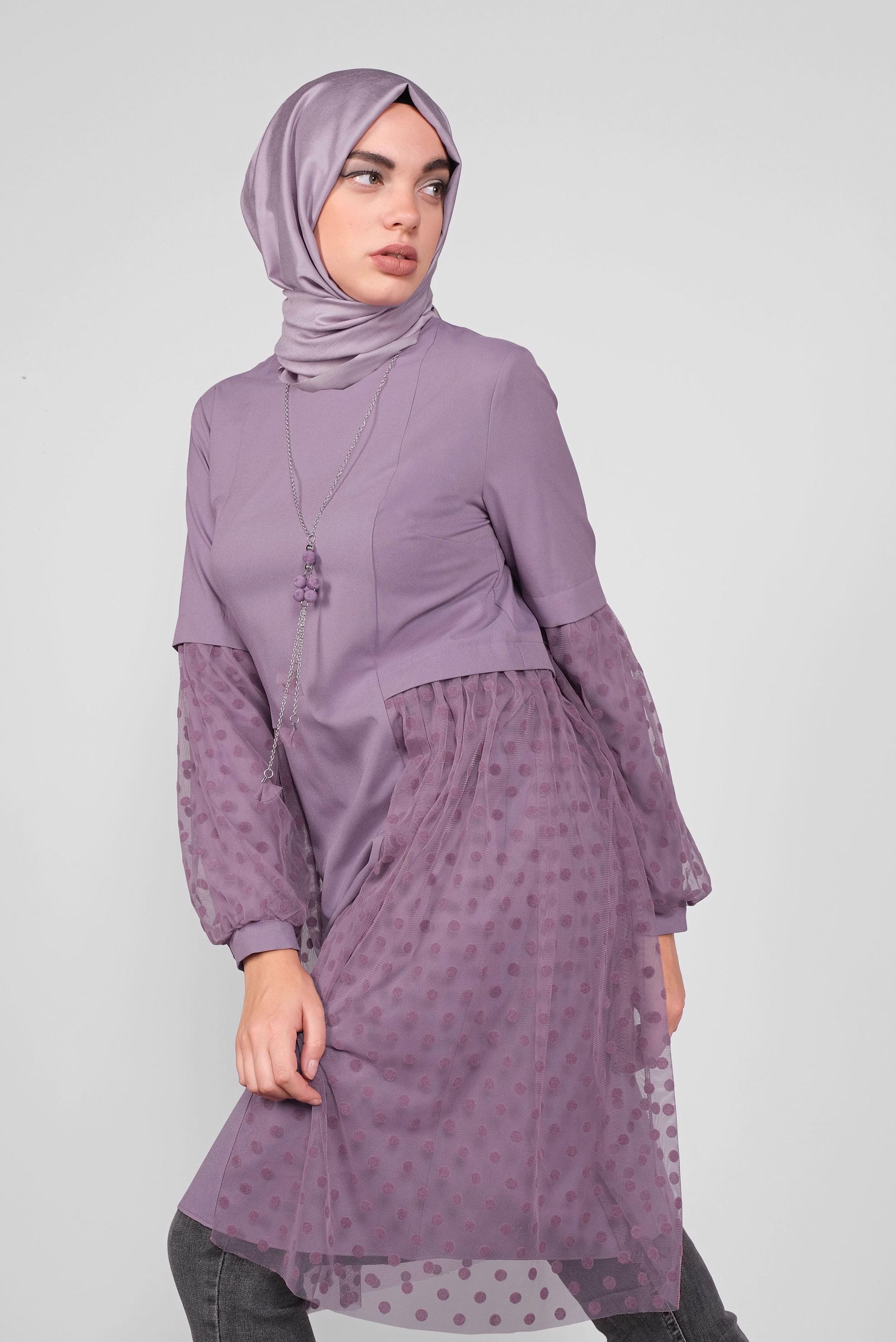 Tesettür giyim MOR TÜLLÜ PUANTİYELİ TUNİK 41174