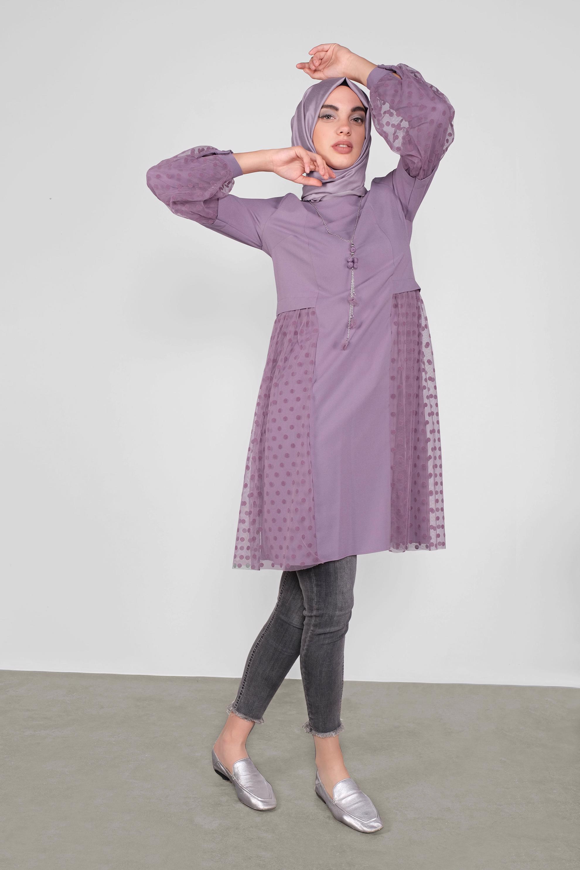Tesettür giyim MOR TÜLLÜ PUANTİYELİ TUNİK 41174