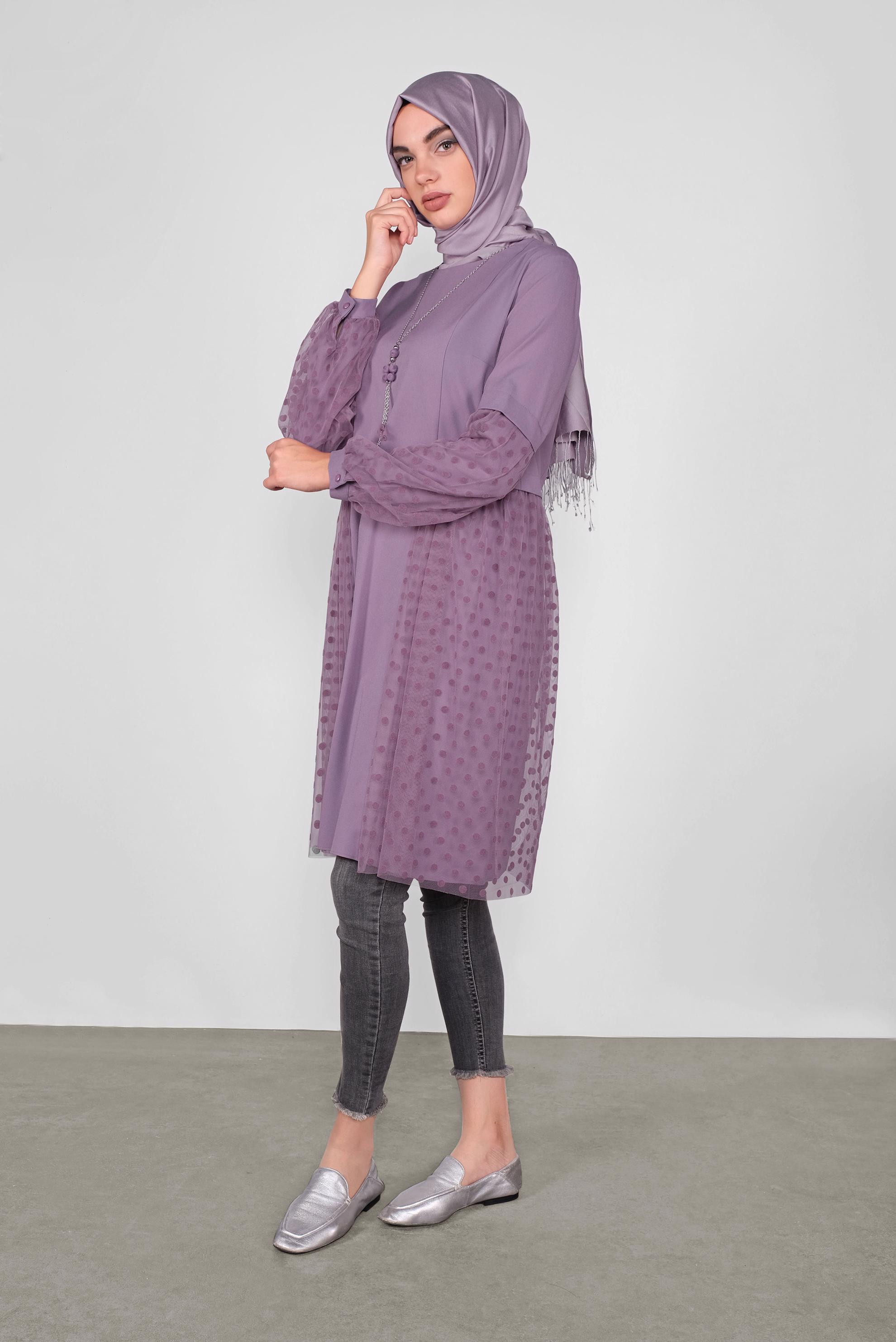 Tesettür giyim MOR TÜLLÜ PUANTİYELİ TUNİK 41174