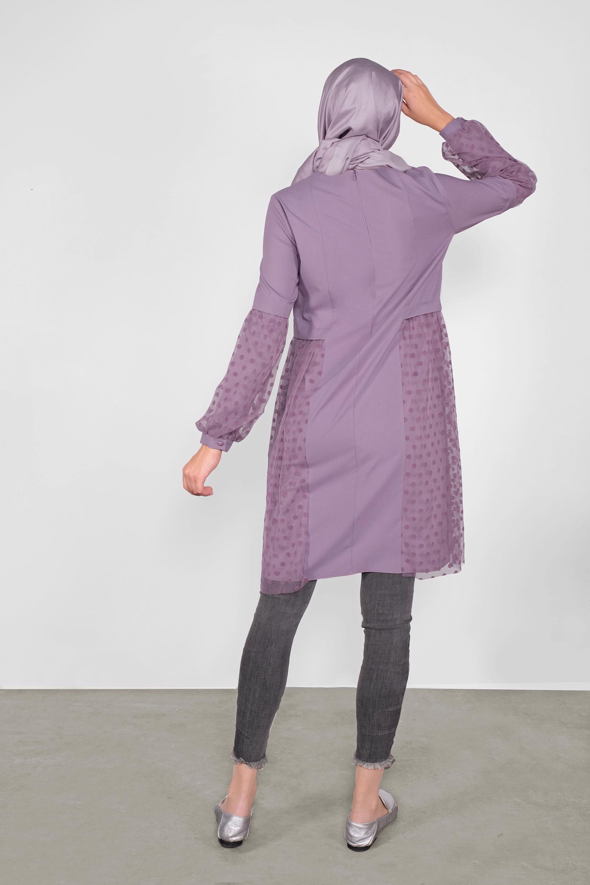 Tesettür giyim MOR TÜLLÜ PUANTİYELİ TUNİK 41174