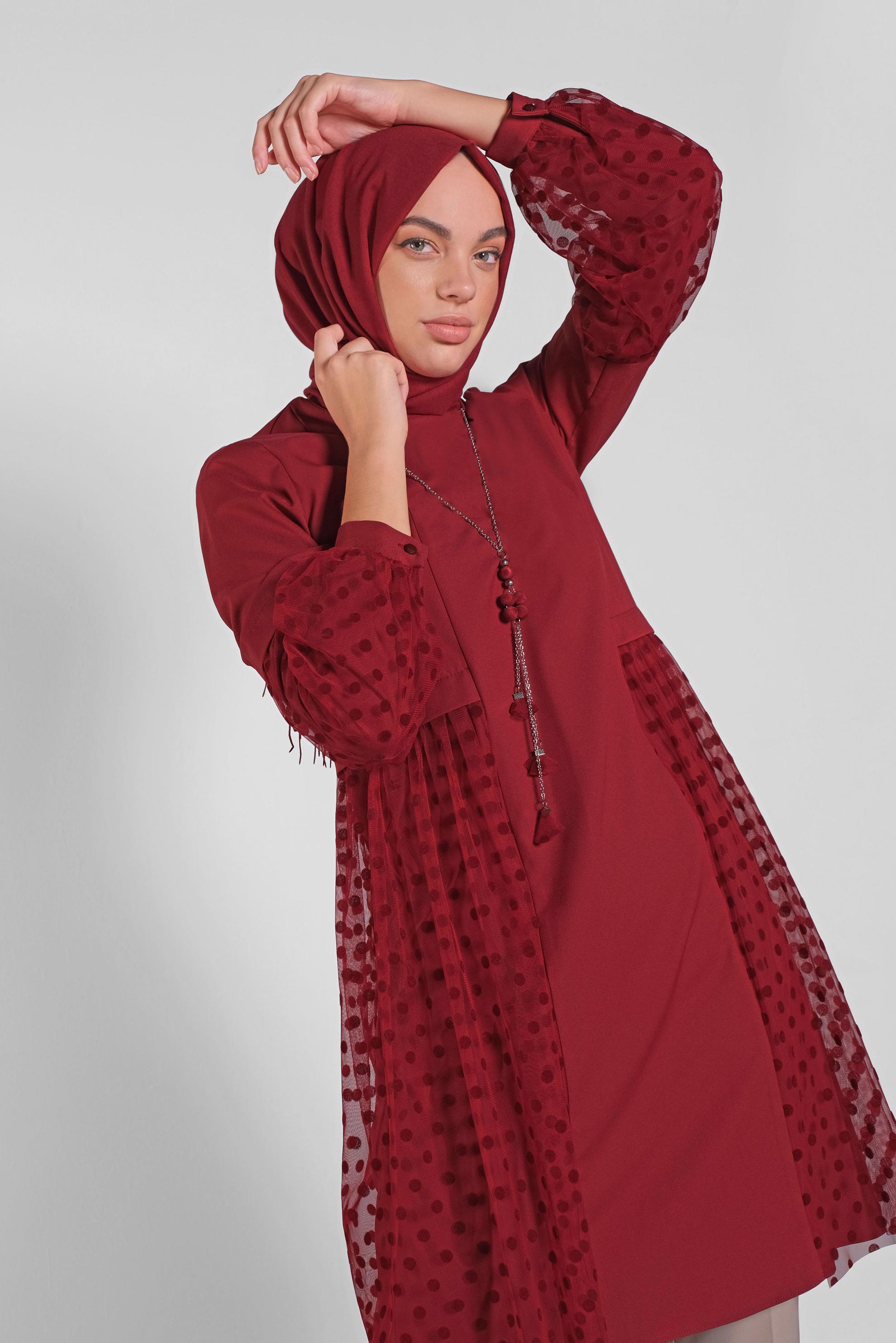 Tesettür giyim BORDO TÜLLÜ PUANTİYELİ TUNİK 41174