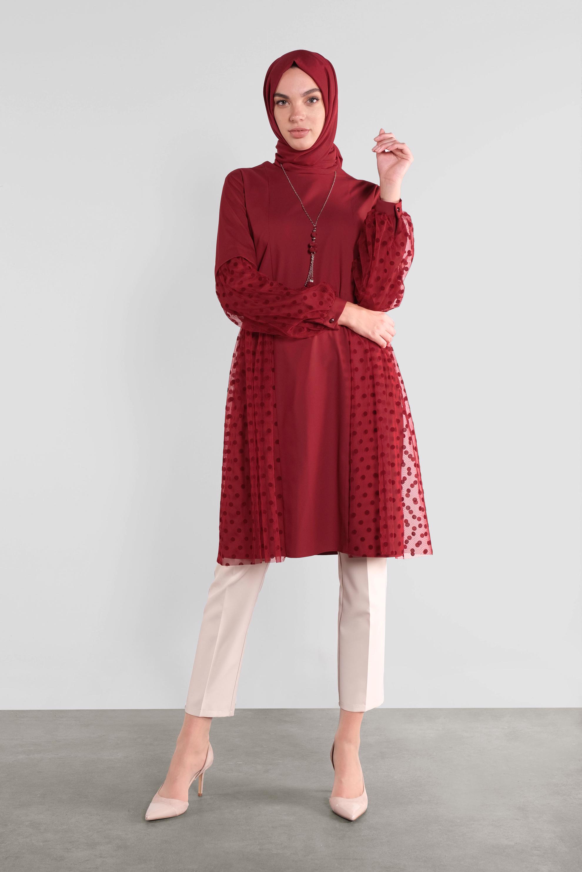 Tesettür giyim BORDO TÜLLÜ PUANTİYELİ TUNİK 41174