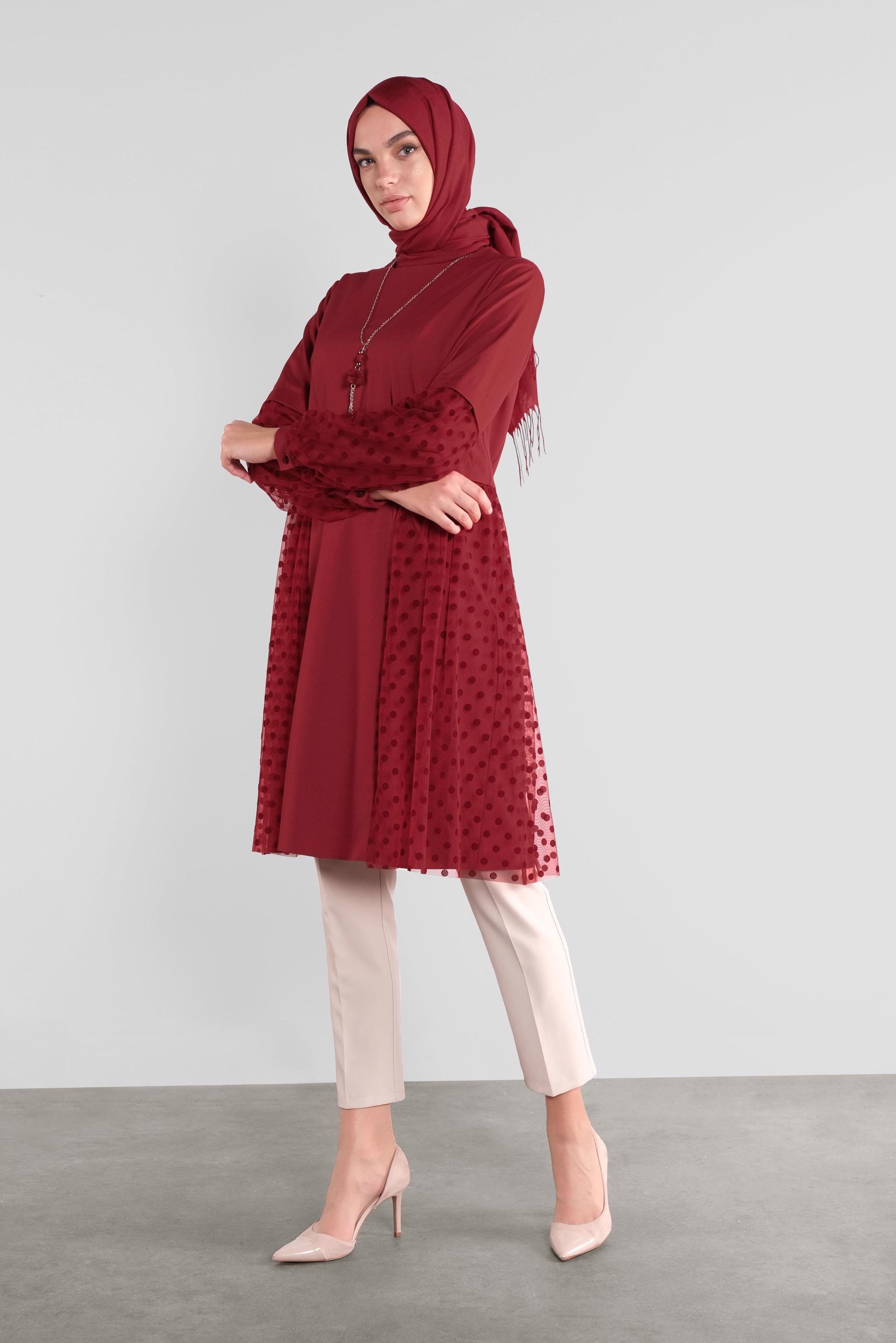 Tesettür giyim BORDO TÜLLÜ PUANTİYELİ TUNİK 41174