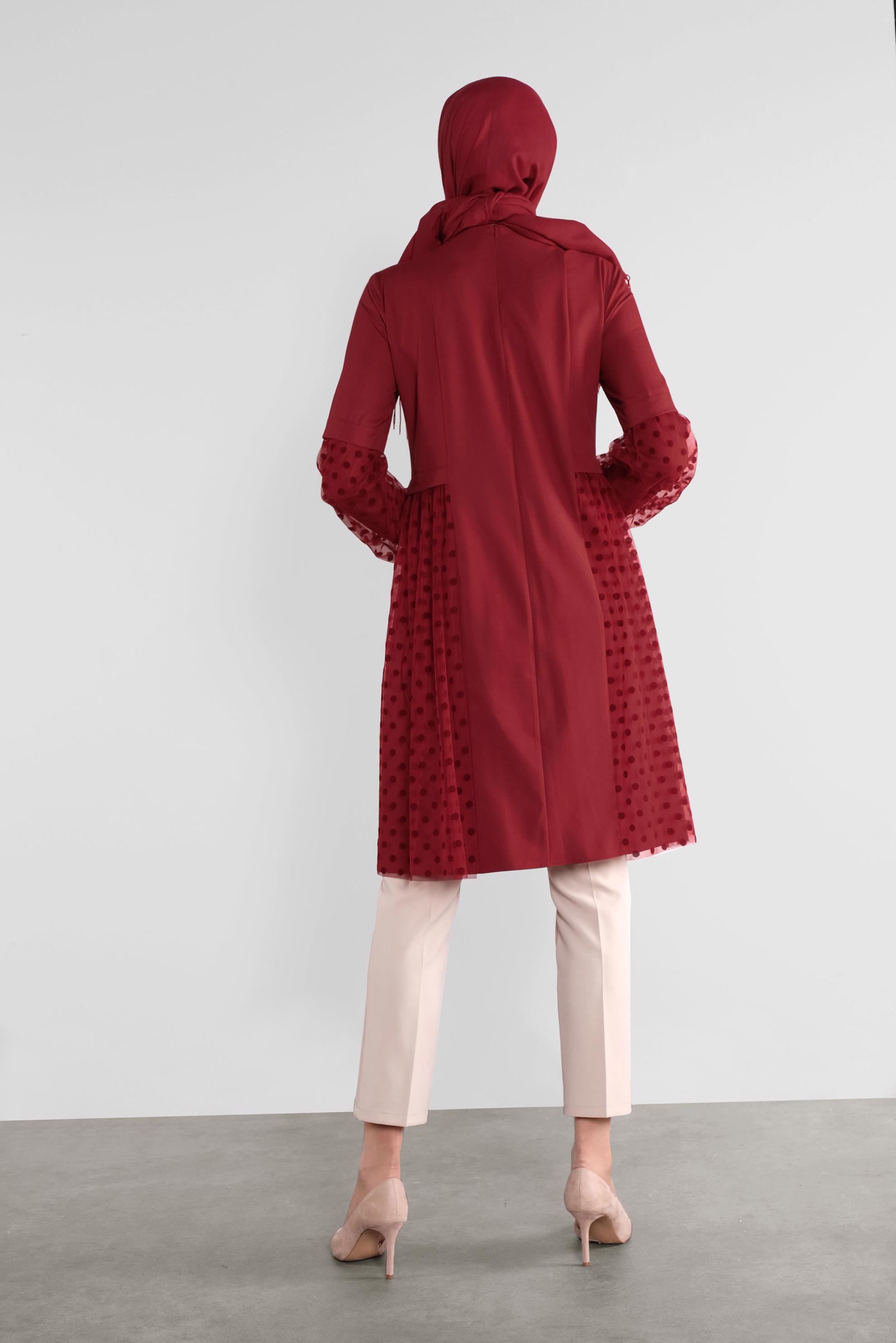 Tesettür giyim BORDO TÜLLÜ PUANTİYELİ TUNİK 41174