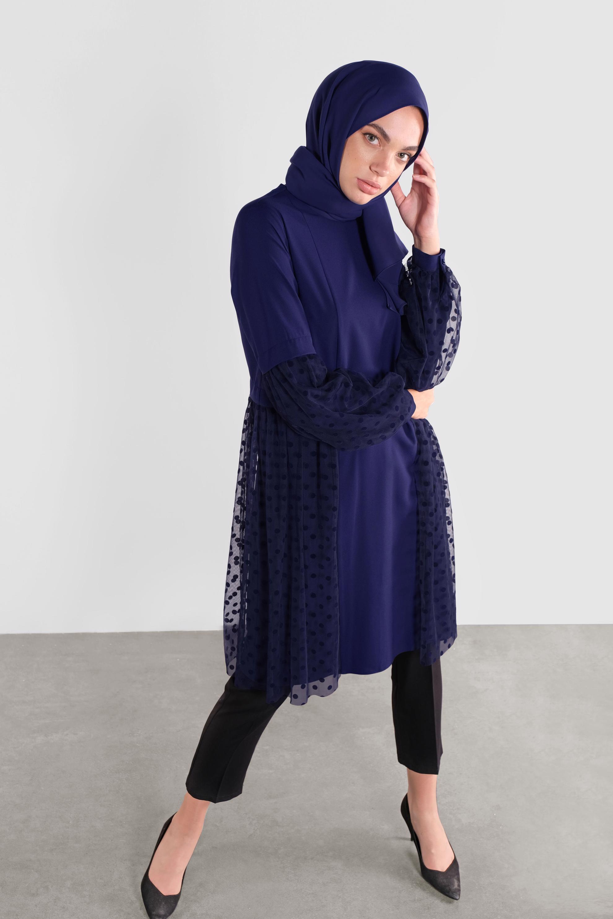 Tesettür giyim LACİVERT TÜLLÜ PUANTİYELİ TUNİK 41174