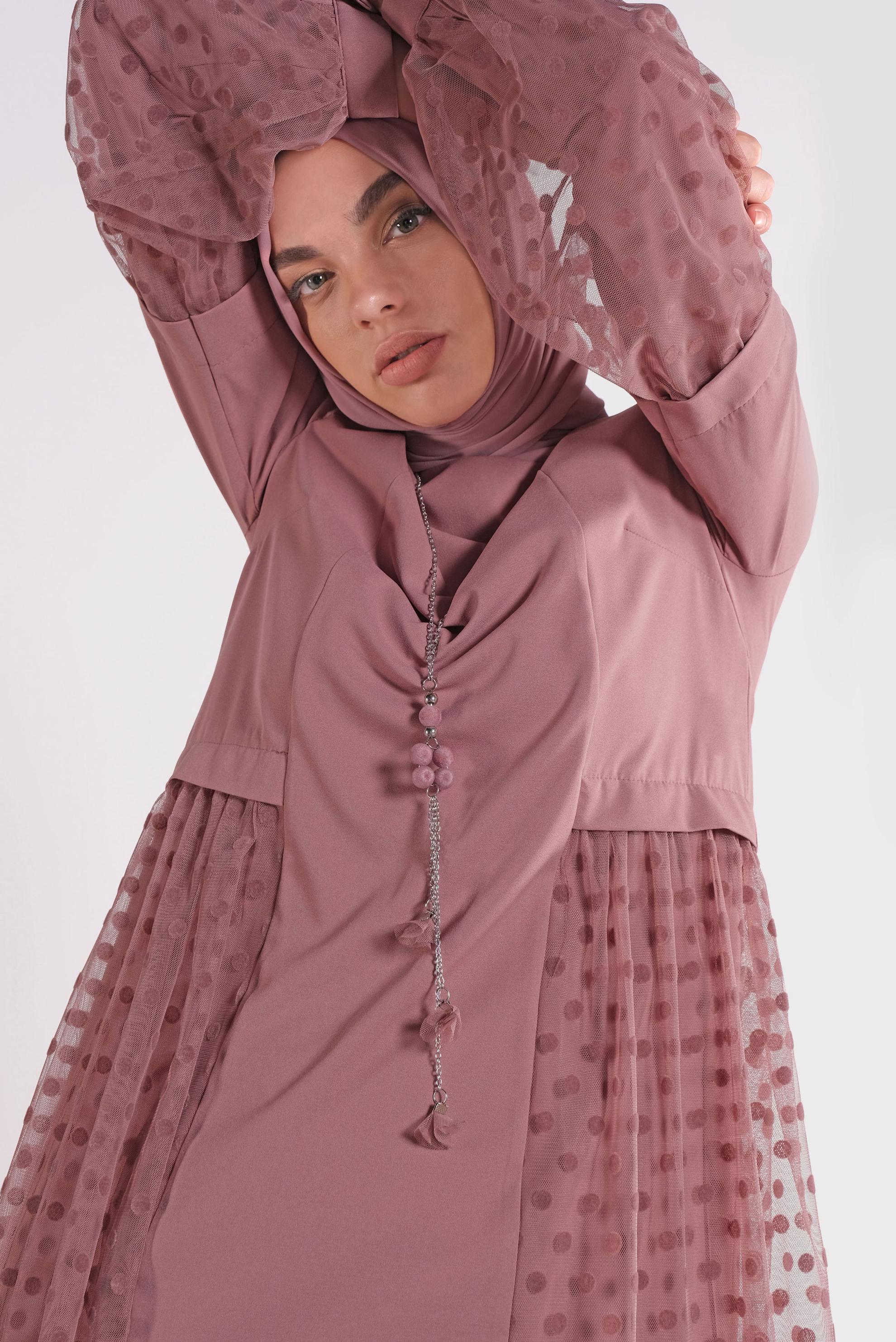 Tesettür giyim PEMBE TÜLLÜ PUANTİYELİ TUNİK 41174