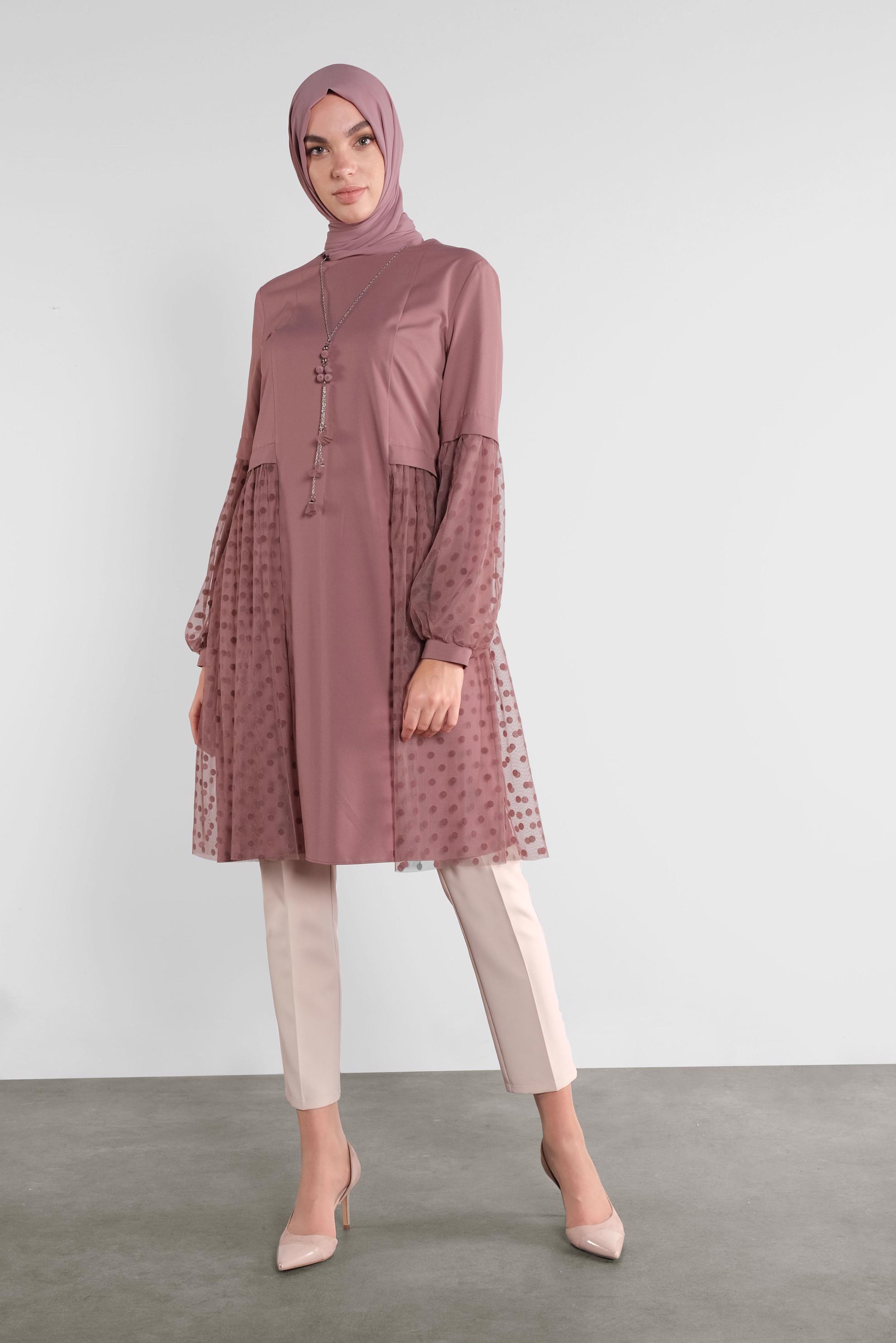 Tesettür giyim PEMBE TÜLLÜ PUANTİYELİ TUNİK 41174