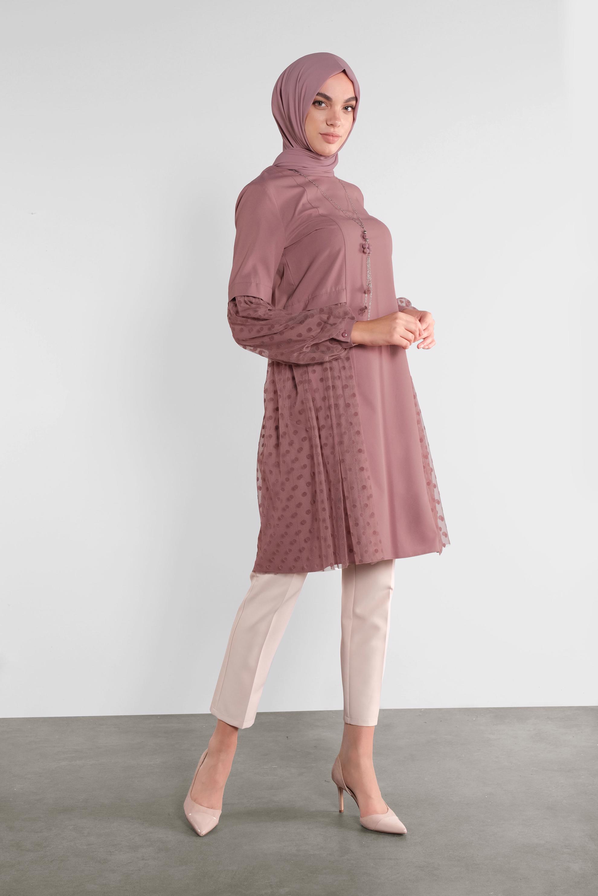 Tesettür giyim PEMBE TÜLLÜ PUANTİYELİ TUNİK 41174