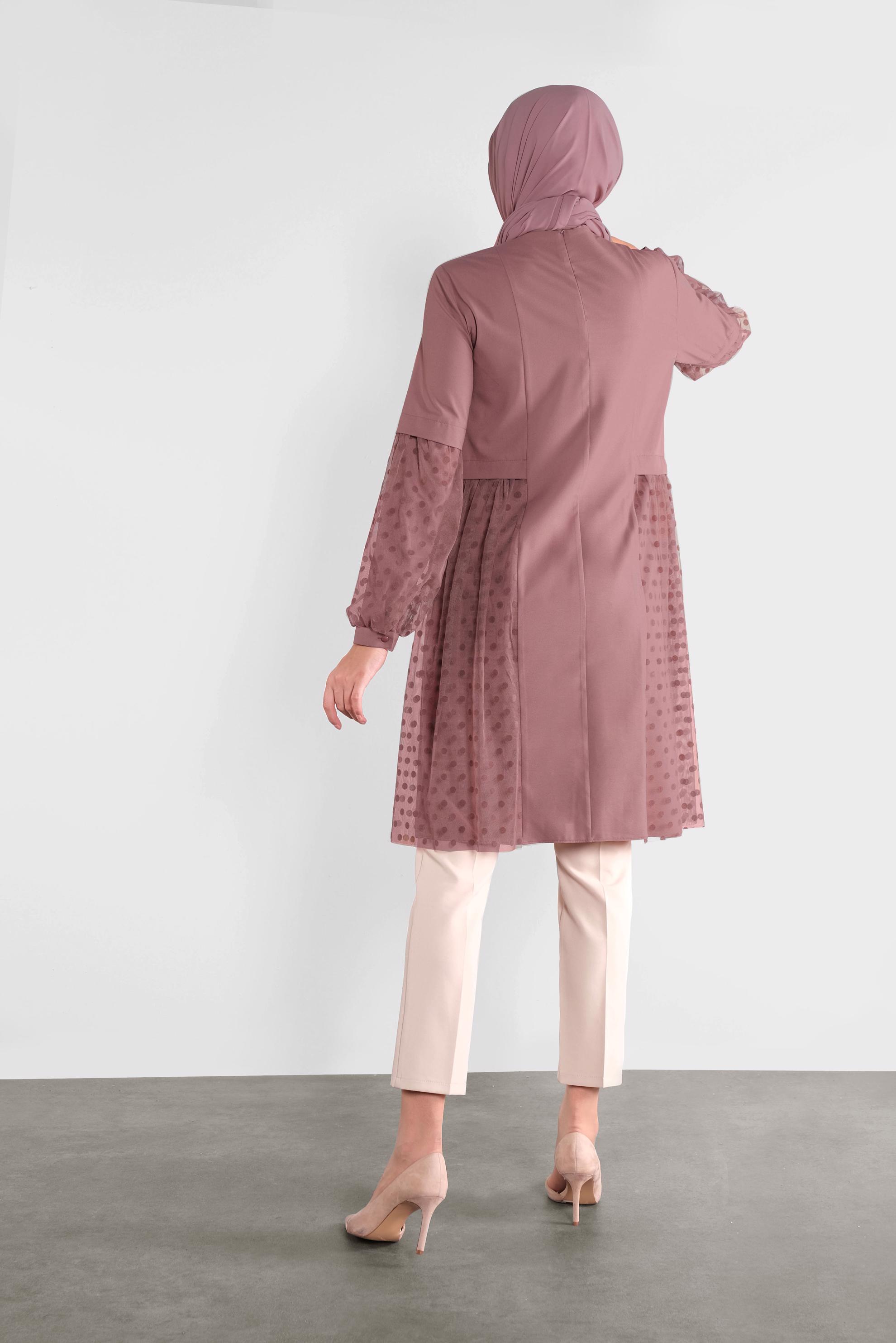 Tesettür giyim PEMBE TÜLLÜ PUANTİYELİ TUNİK 41174