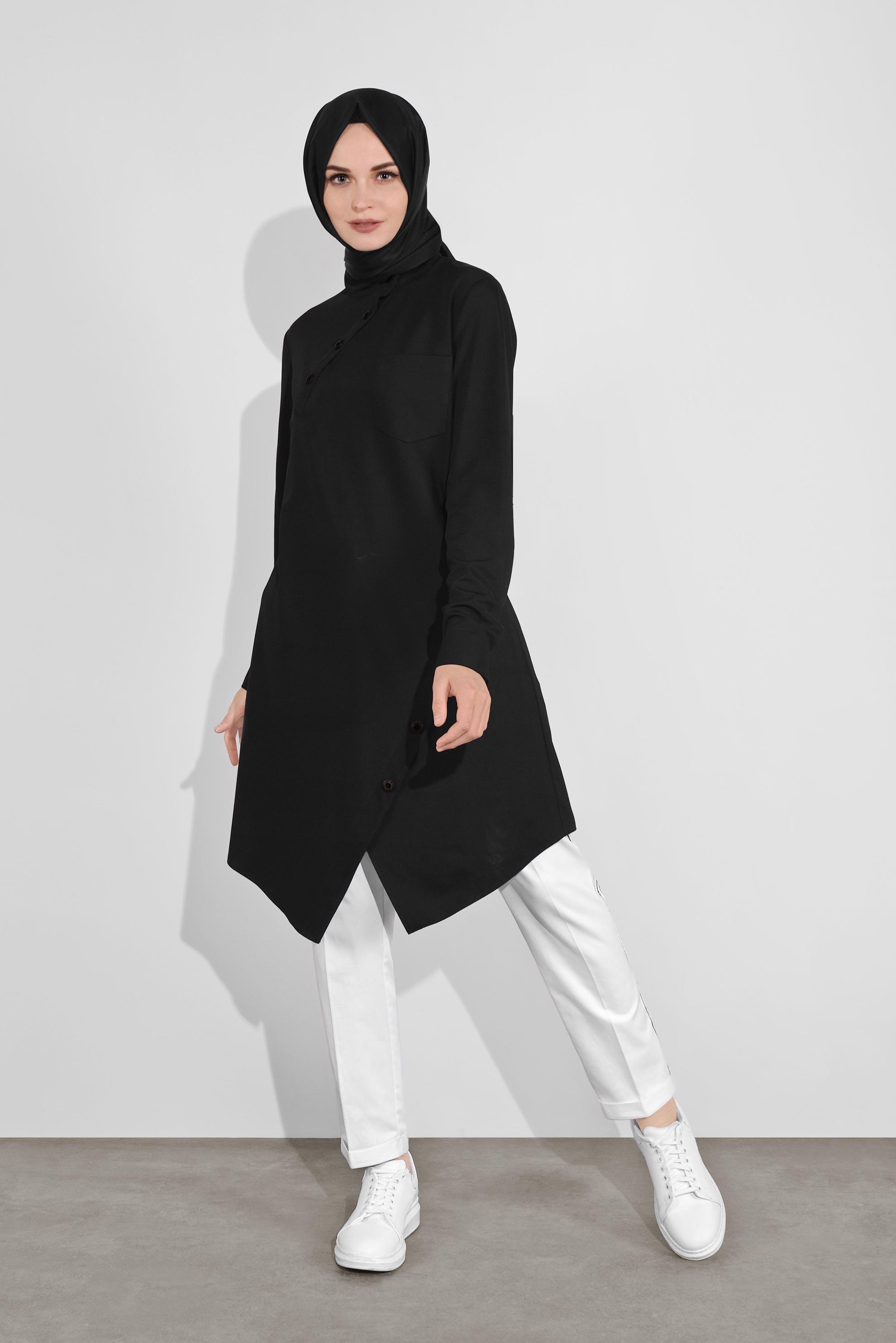 Tesettür giyim SİYAH ASİMETRİK KESİM TUNİK 41177 