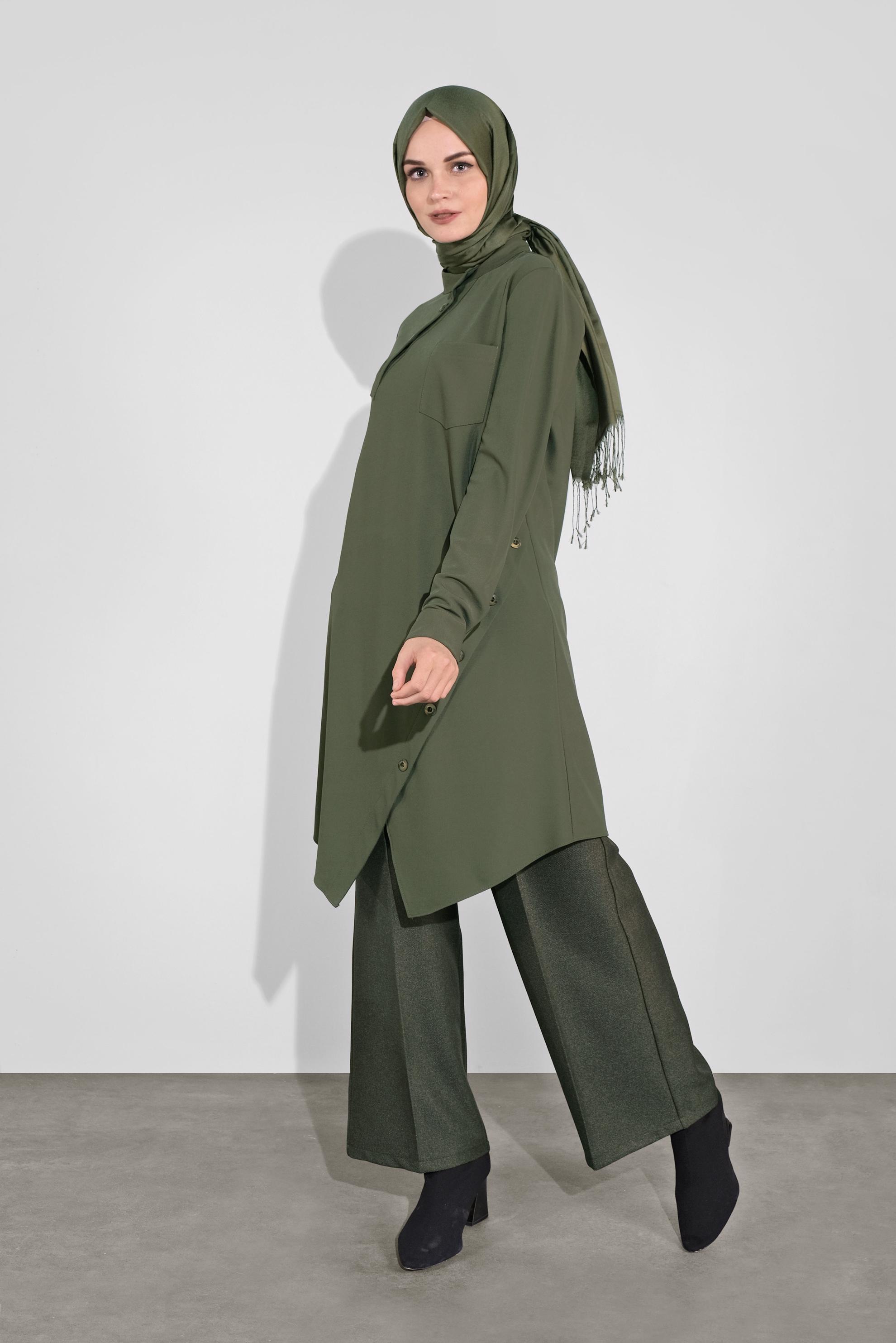 Tesettür giyim HAKİ ASİMETRİK KESİM TUNİK 41177 