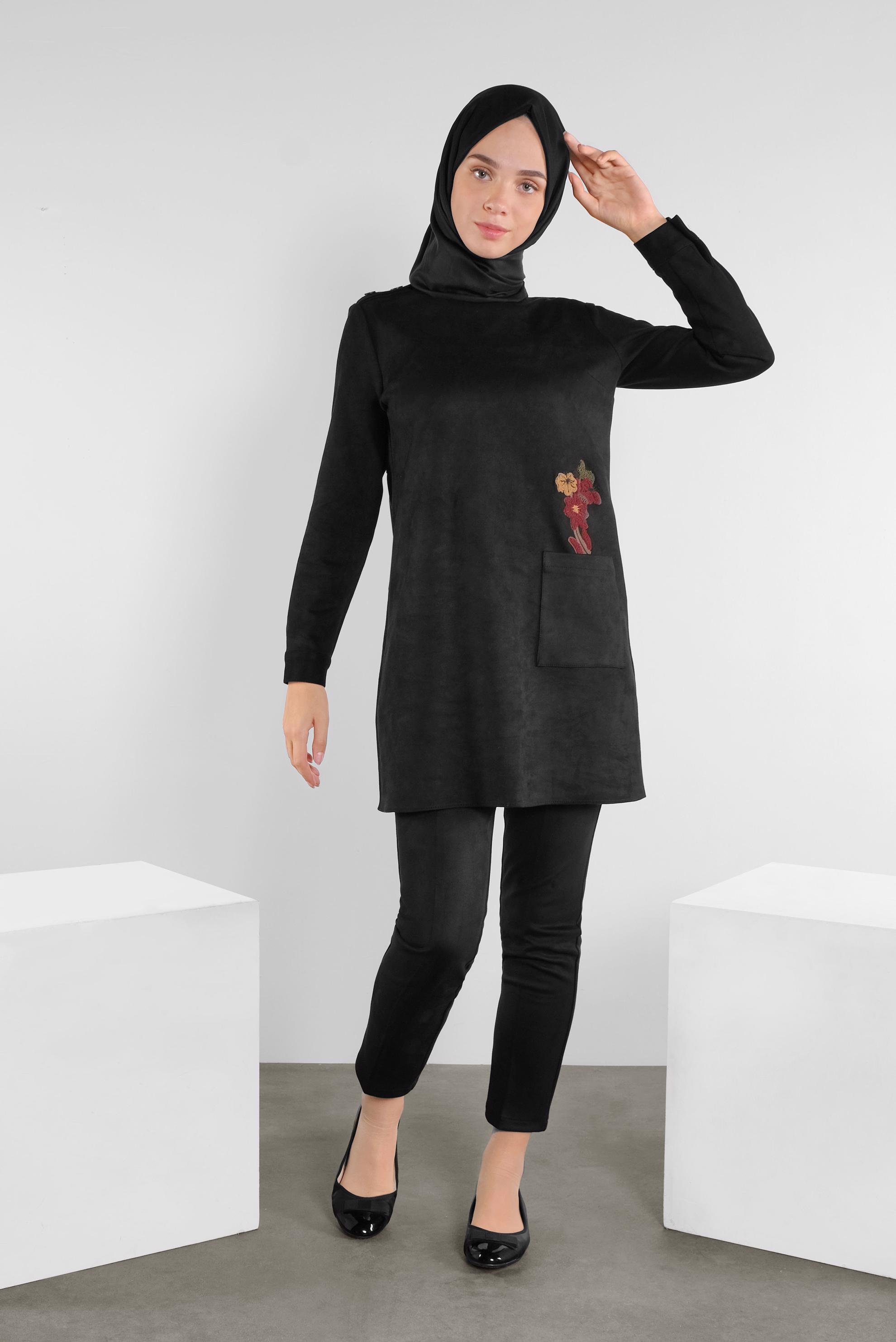 Tesettür giyim SİYAH NAKIŞLI SÜET TUNİK 41178 