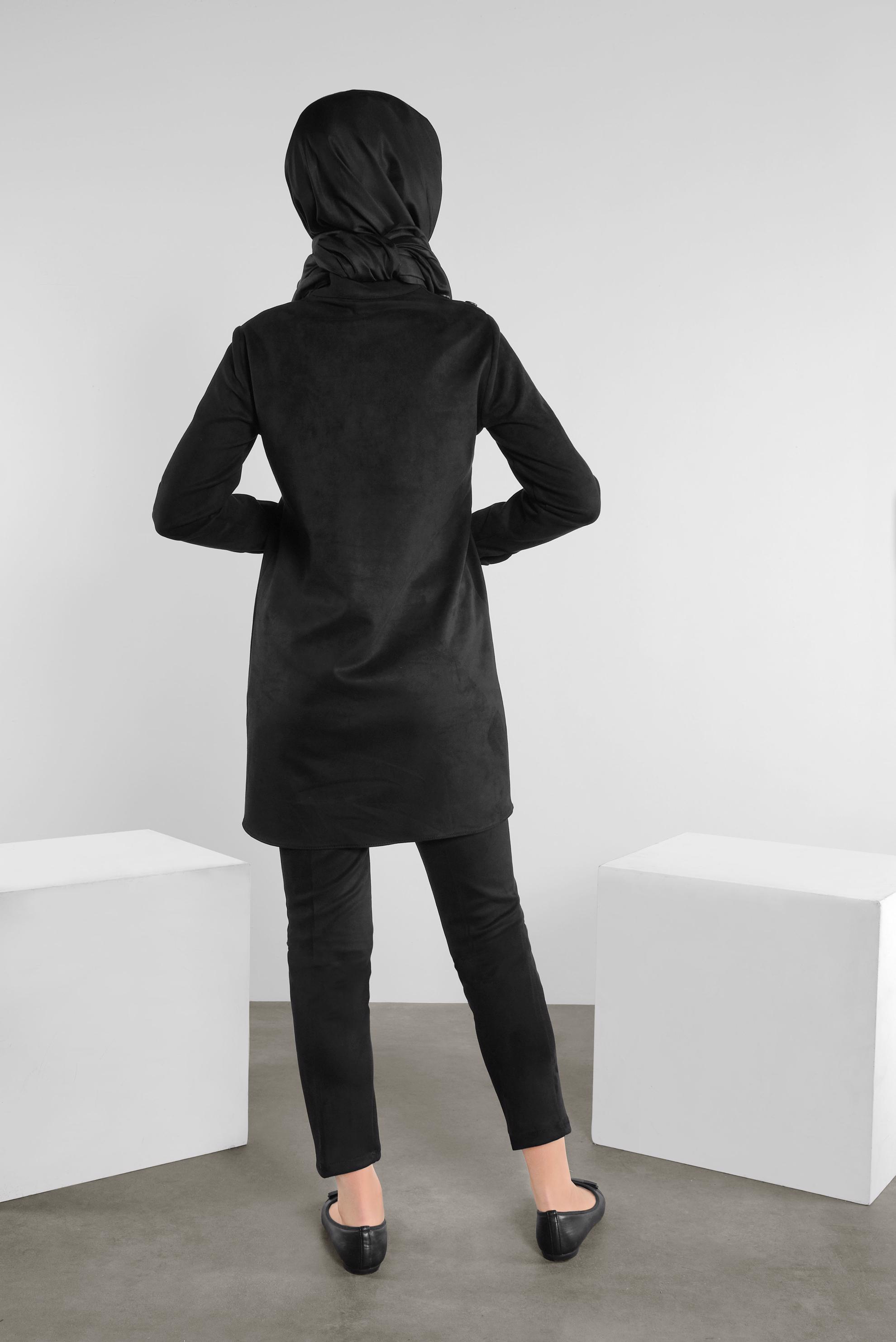 Tesettür giyim SİYAH NAKIŞLI SÜET TUNİK 41178 