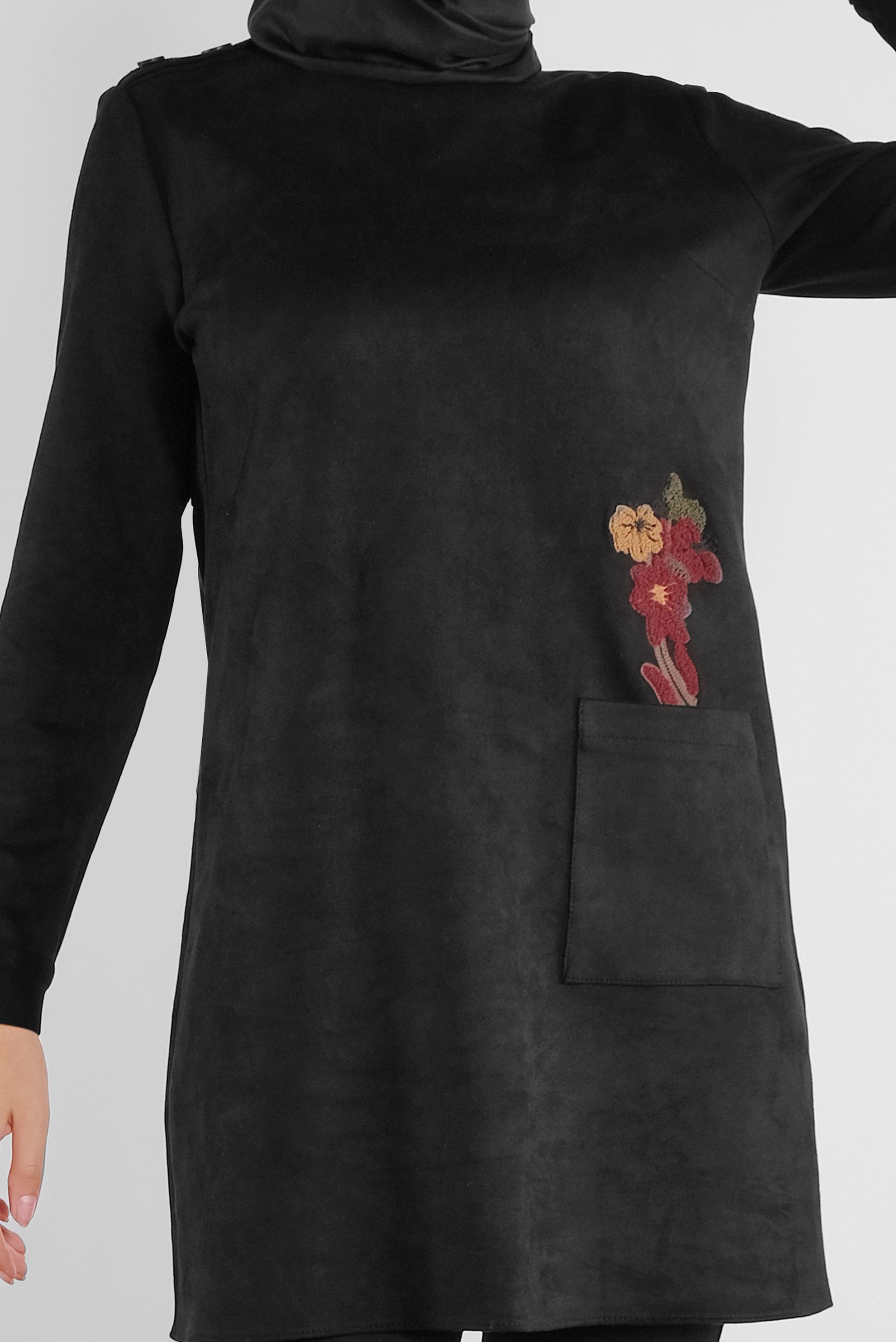 Tesettür giyim SİYAH NAKIŞLI SÜET TUNİK 41178 