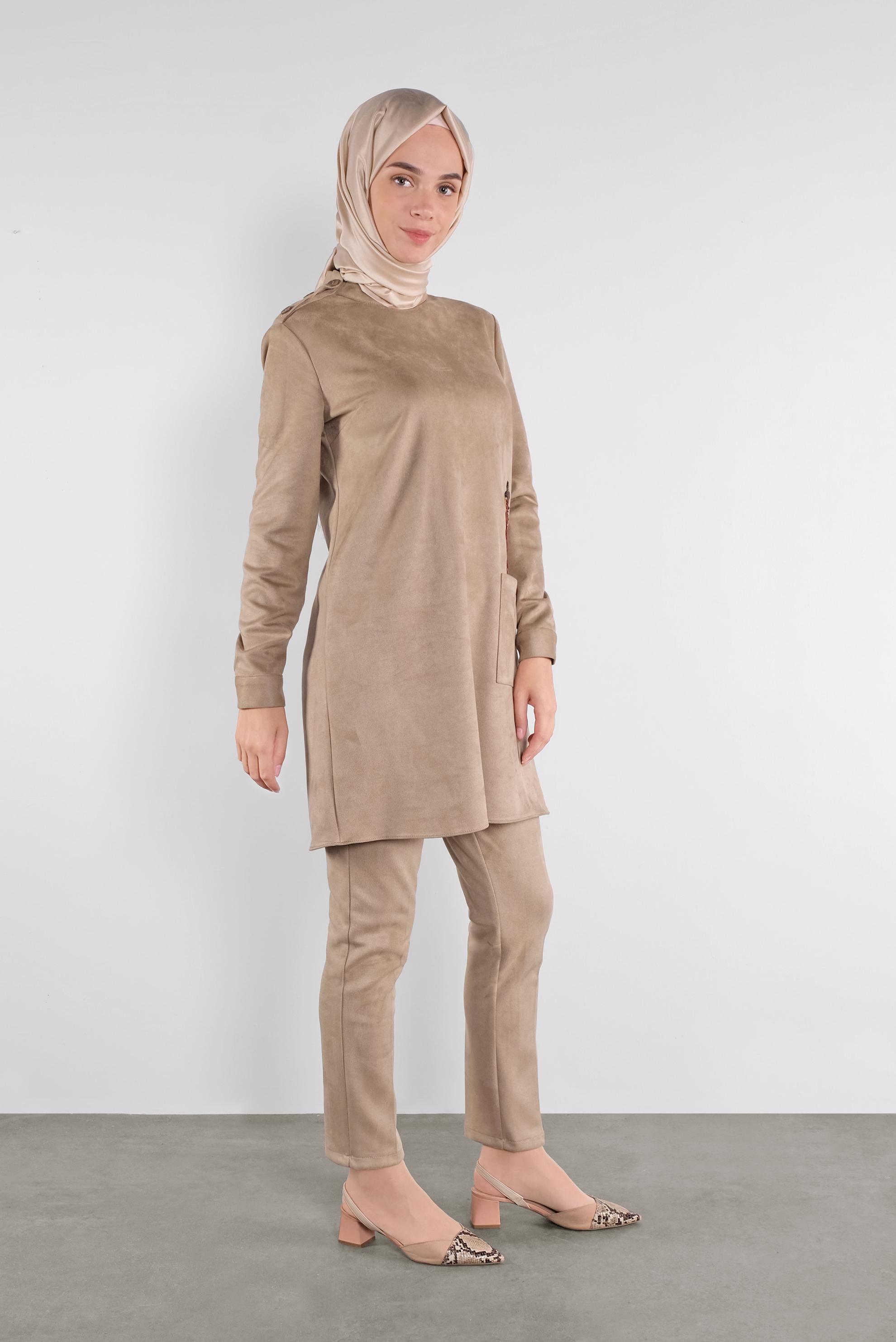 Tesettür giyim BEJ NAKIŞLI SÜET TUNİK 41178 