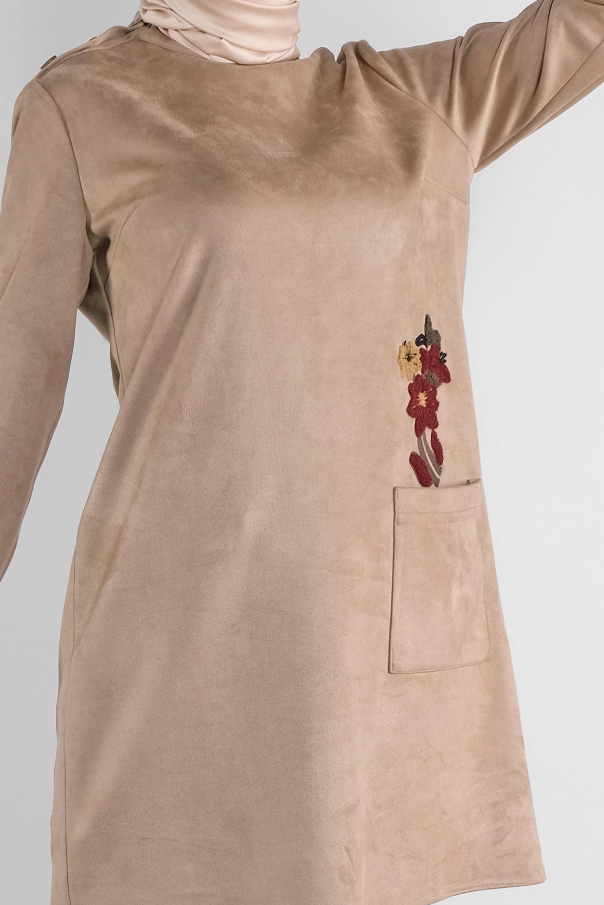 Tesettür giyim BEJ NAKIŞLI SÜET TUNİK 41178 