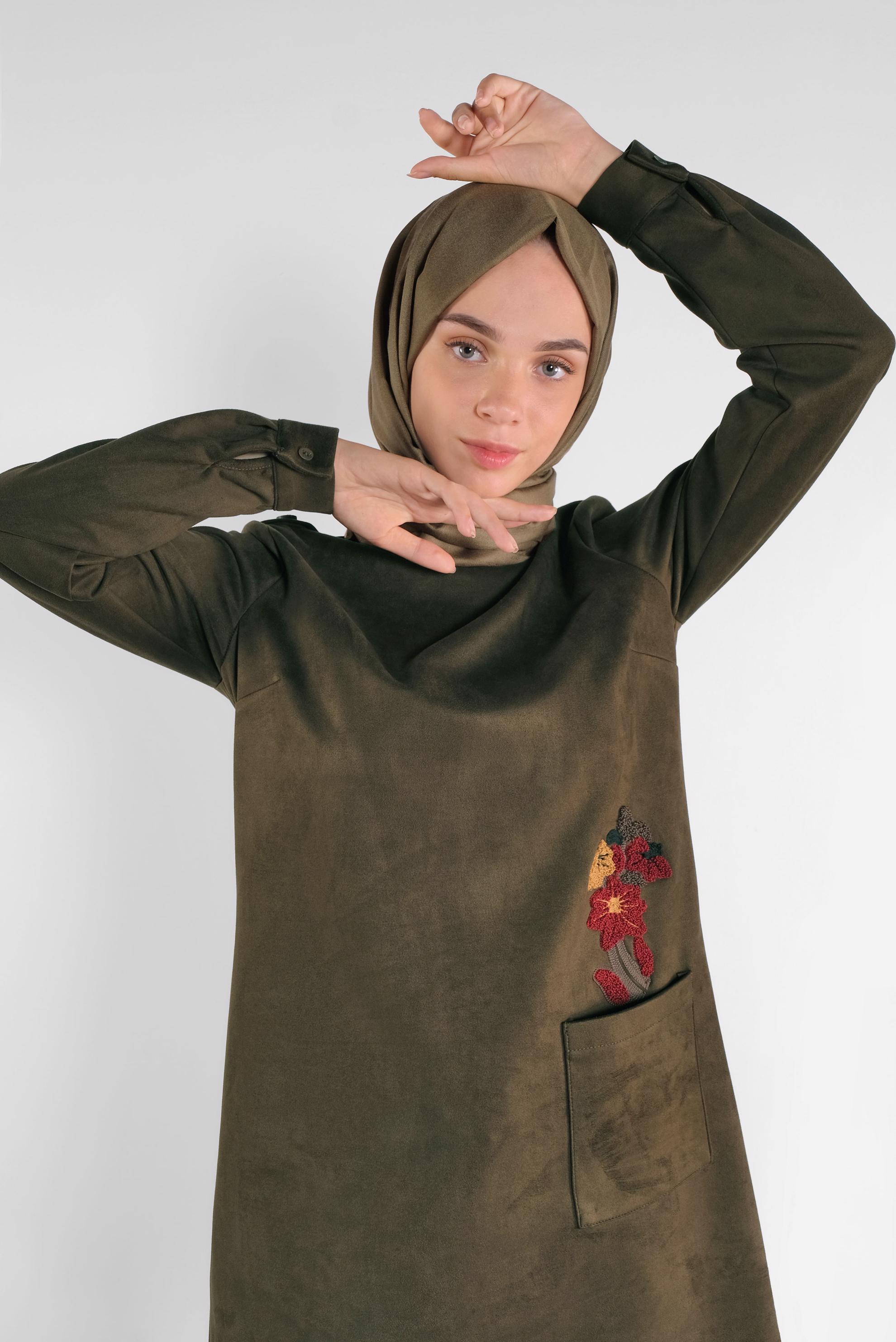 Tesettür giyim HAKİ NAKIŞLI SÜET TUNİK 41178 