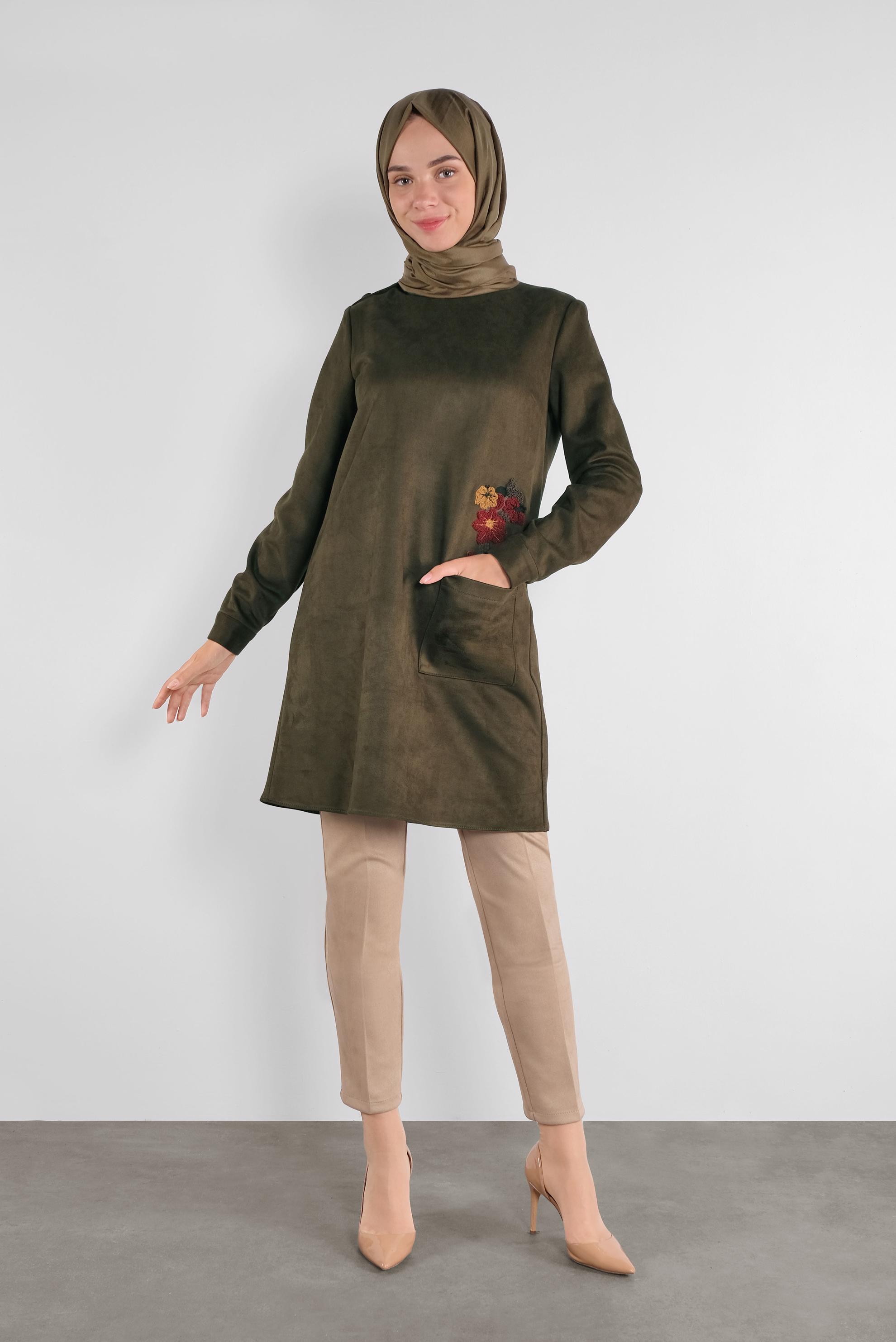 Tesettür giyim HAKİ NAKIŞLI SÜET TUNİK 41178 