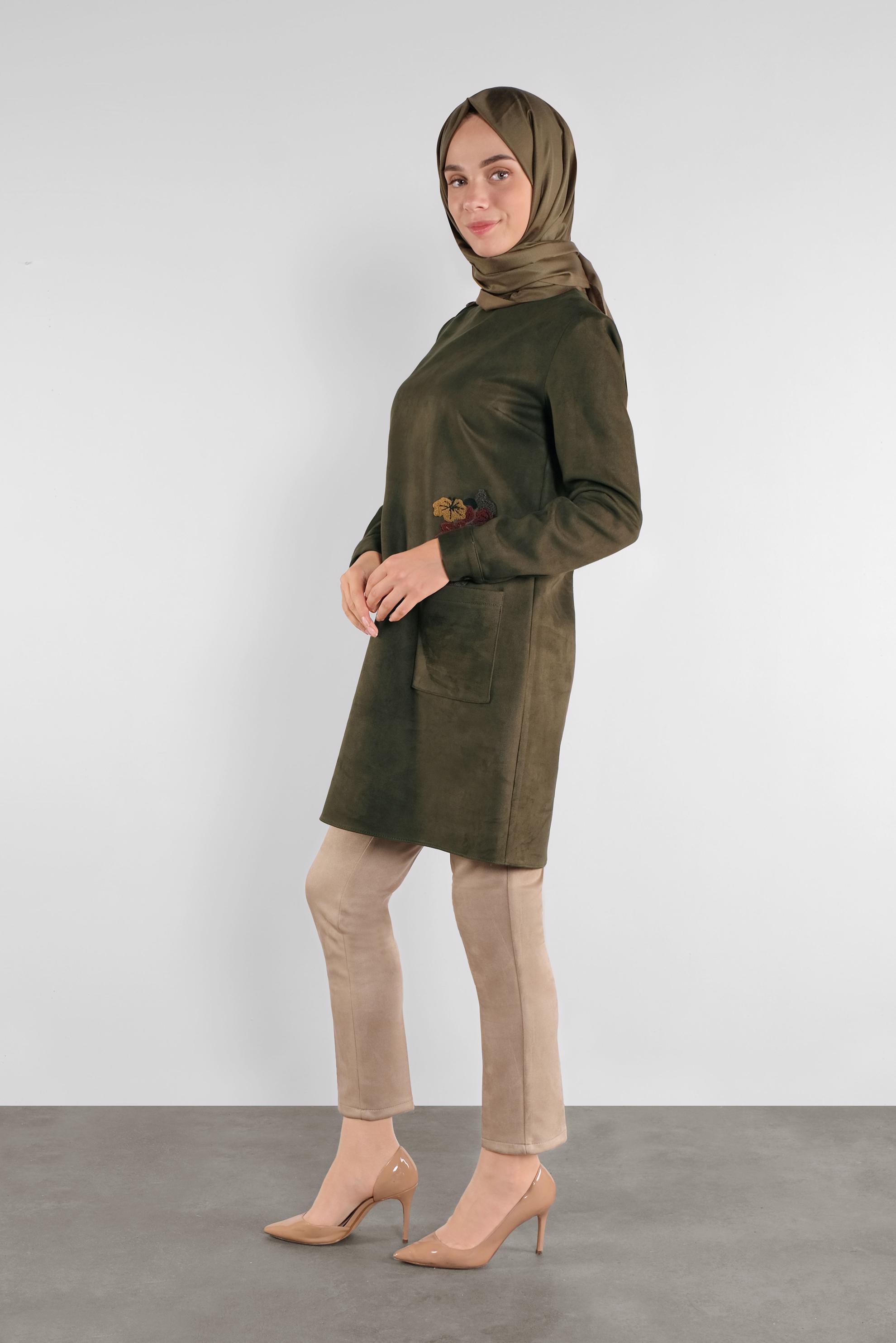 Tesettür giyim HAKİ NAKIŞLI SÜET TUNİK 41178 