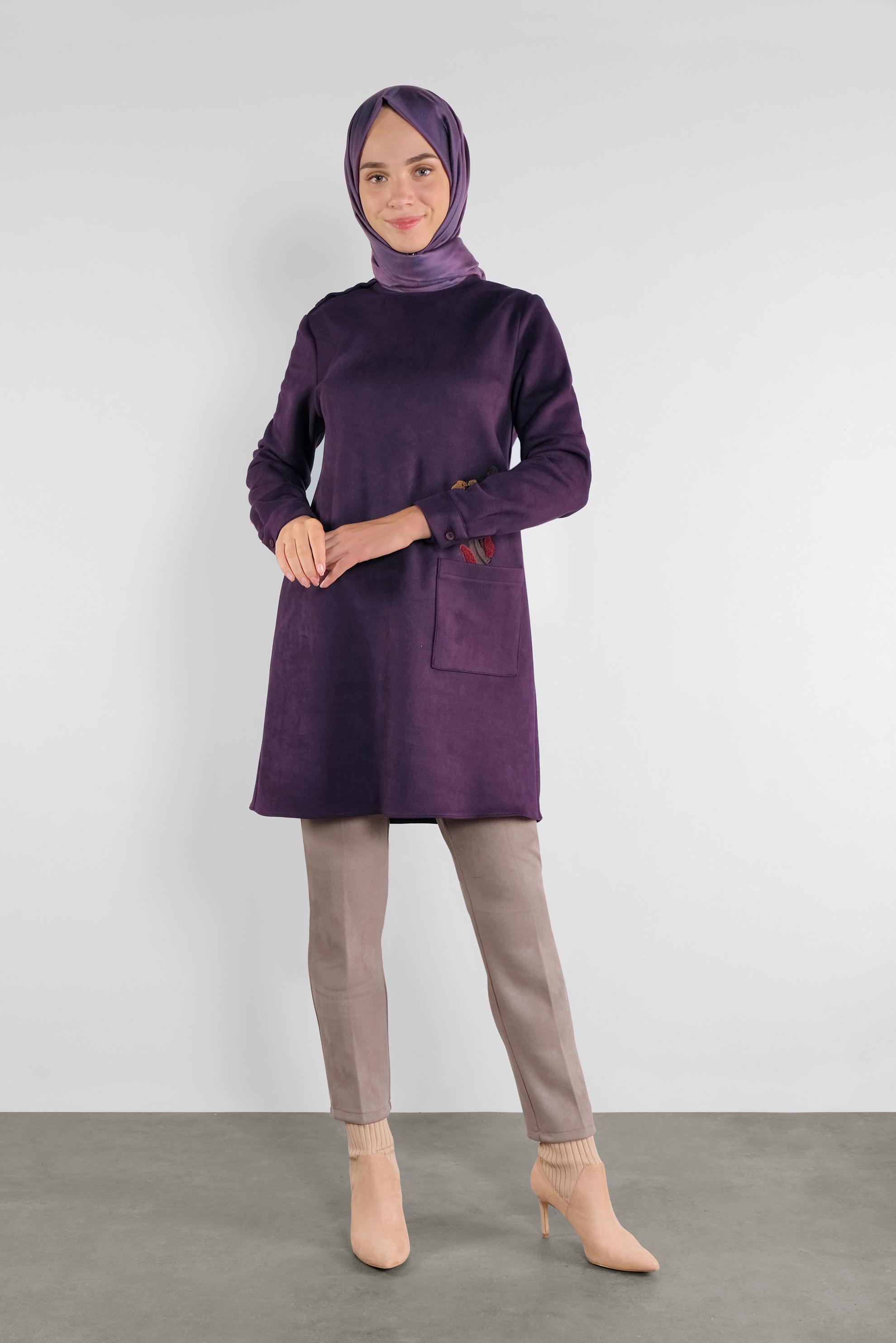 Tesettür giyim MÜRDÜM NAKIŞLI SÜET TUNİK 41178 