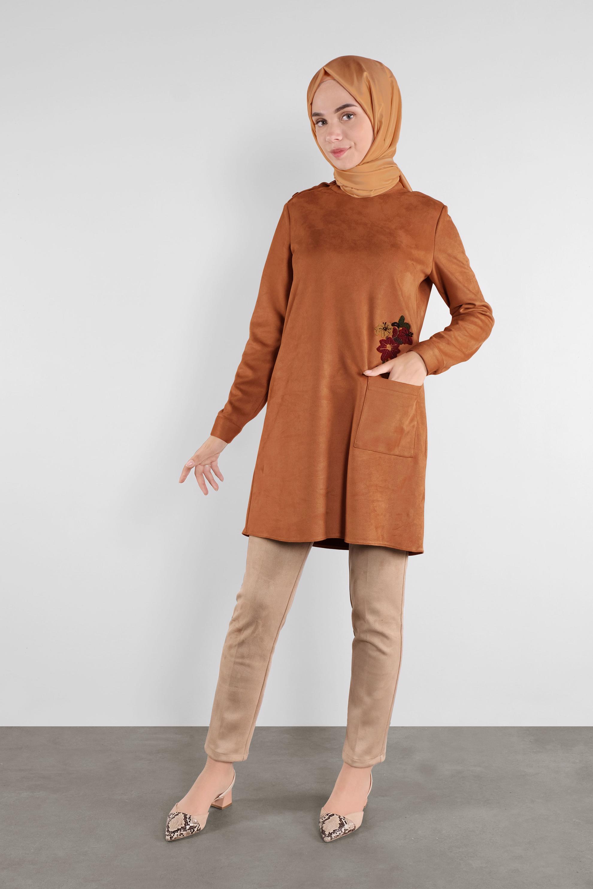 Tesettür giyim TURUNCU NAKIŞLI SÜET TUNİK 41178 