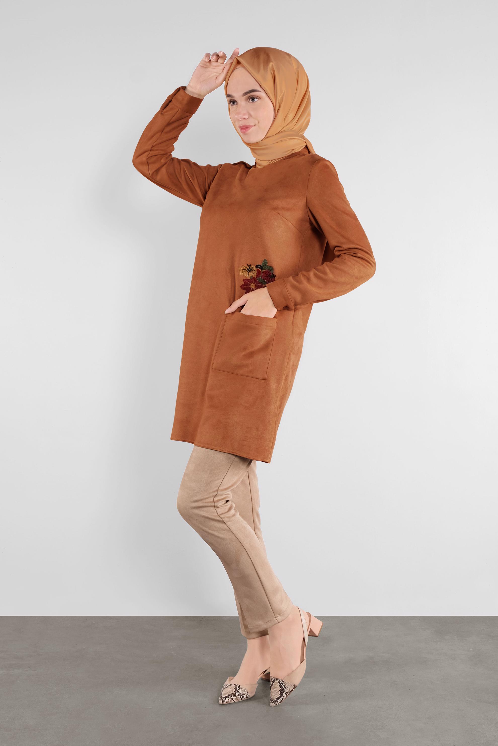 Tesettür giyim TURUNCU NAKIŞLI SÜET TUNİK 41178 