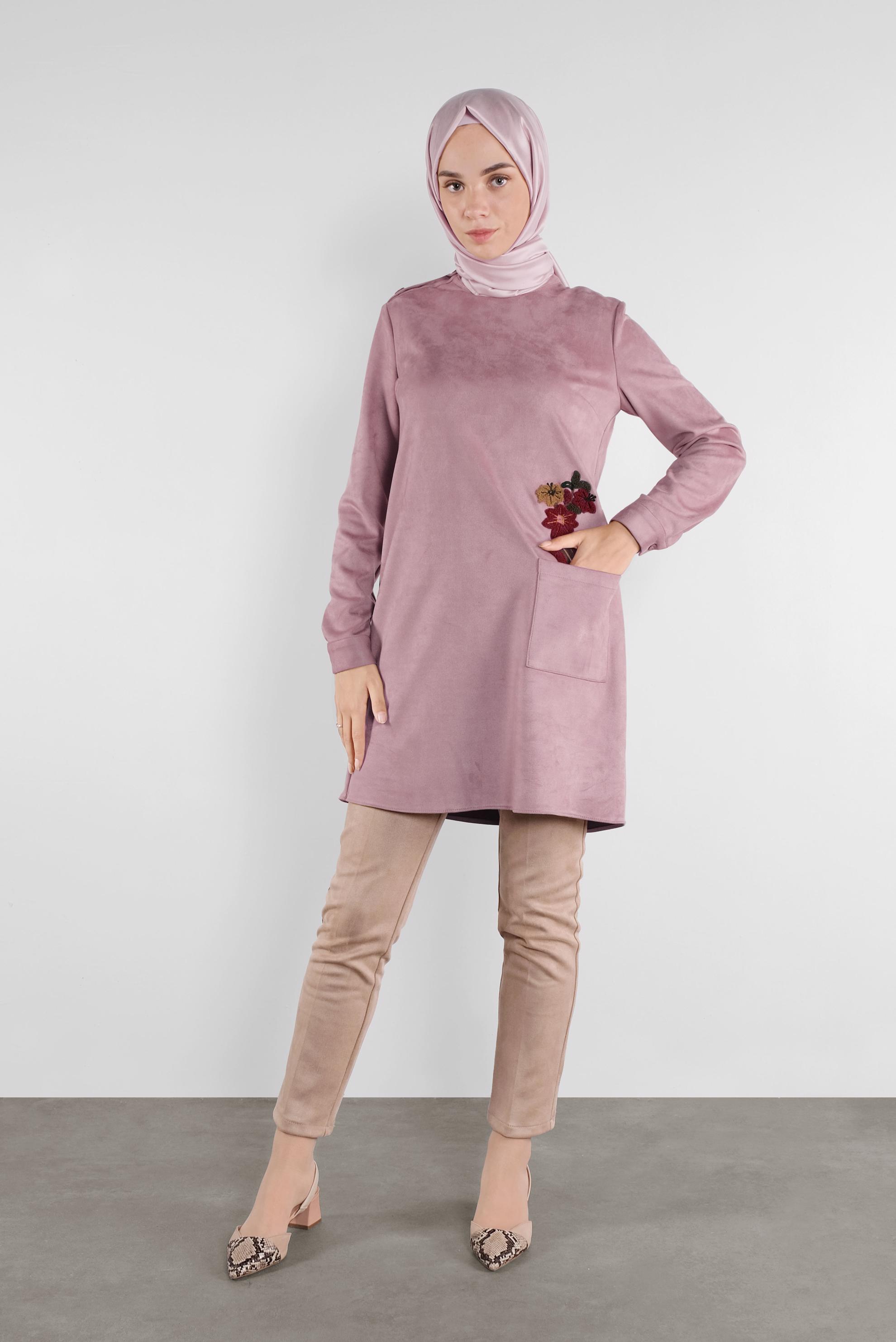 Tesettür giyim PUDRA NAKIŞLI SÜET TUNİK 41178 