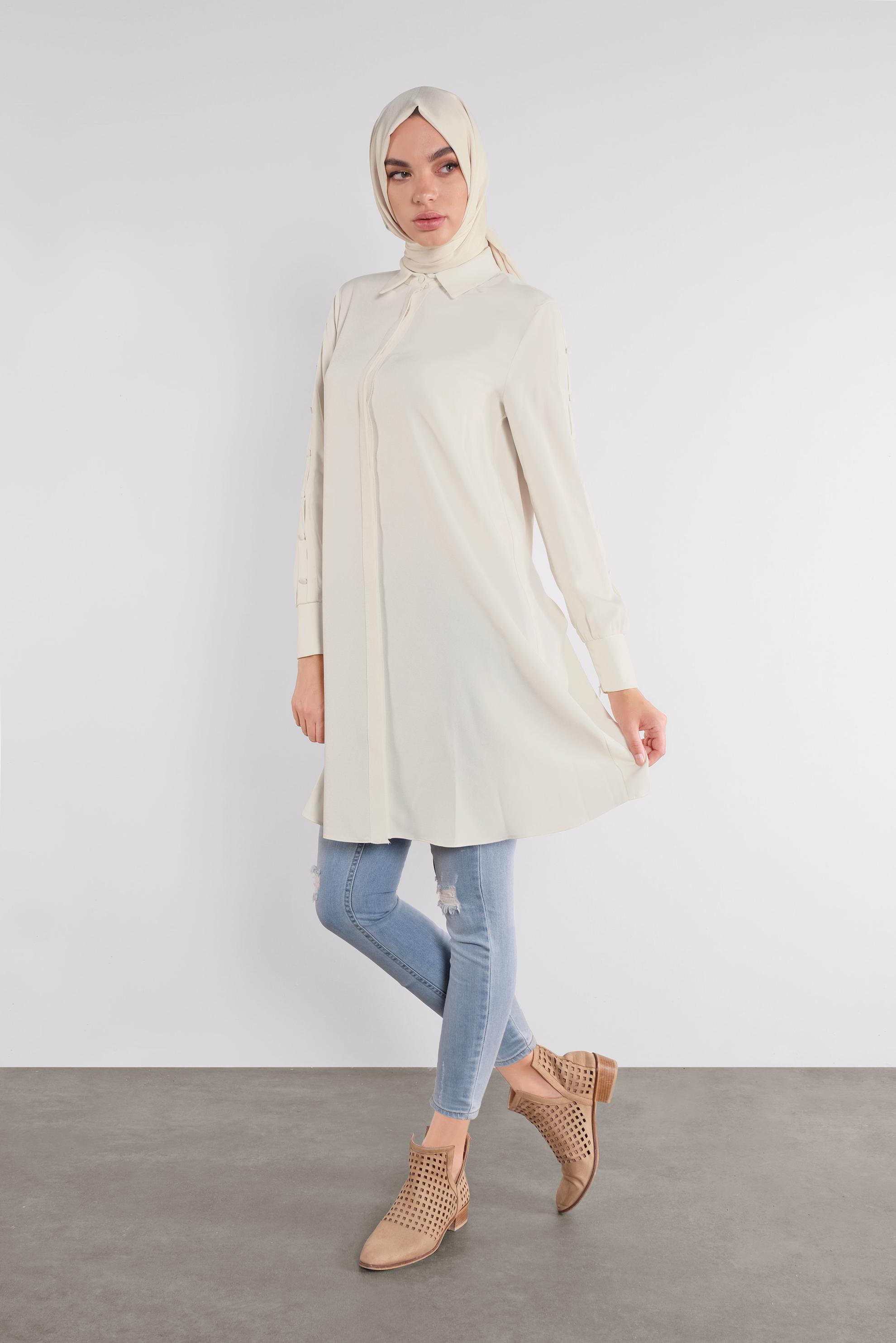 Tesettür giyim BEYAZ KOLLARI DÜĞME DETAYLI ERKEK YAKA TUNİK 41179 