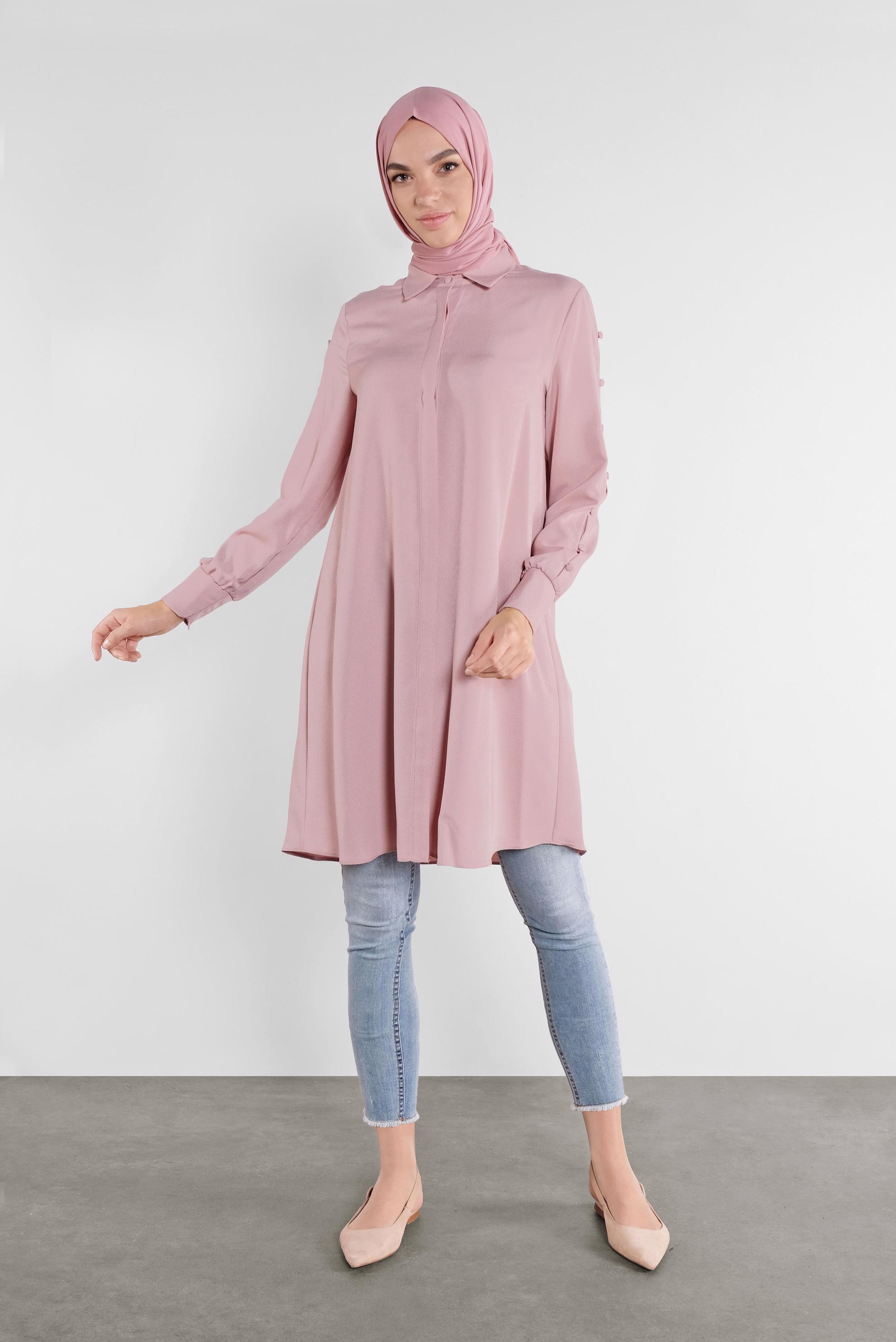 Tesettür giyim PUDRA KOLLARI DÜĞME DETAYLI ERKEK YAKA TUNİK 41179 