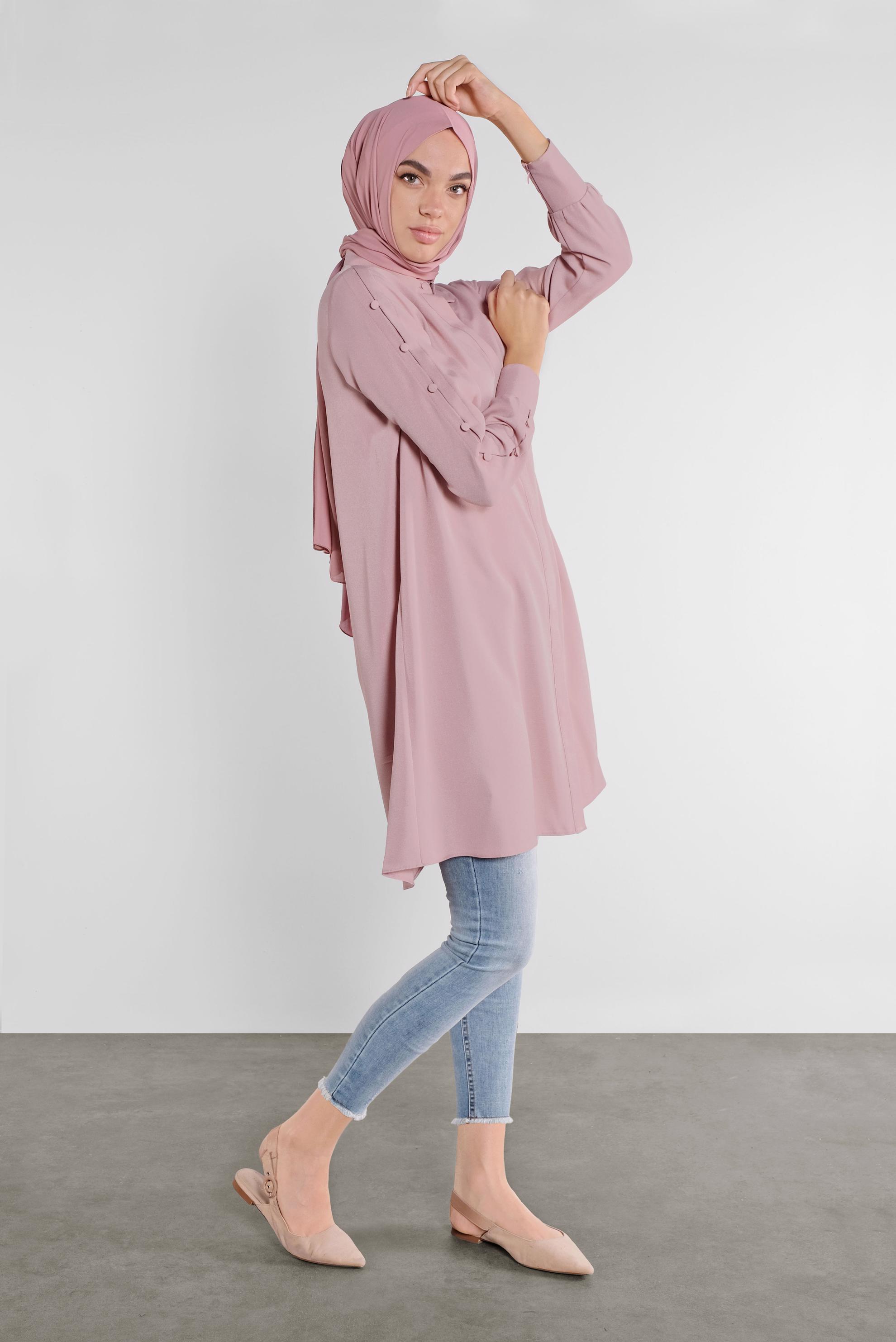 Tesettür giyim PUDRA KOLLARI DÜĞME DETAYLI ERKEK YAKA TUNİK 41179 