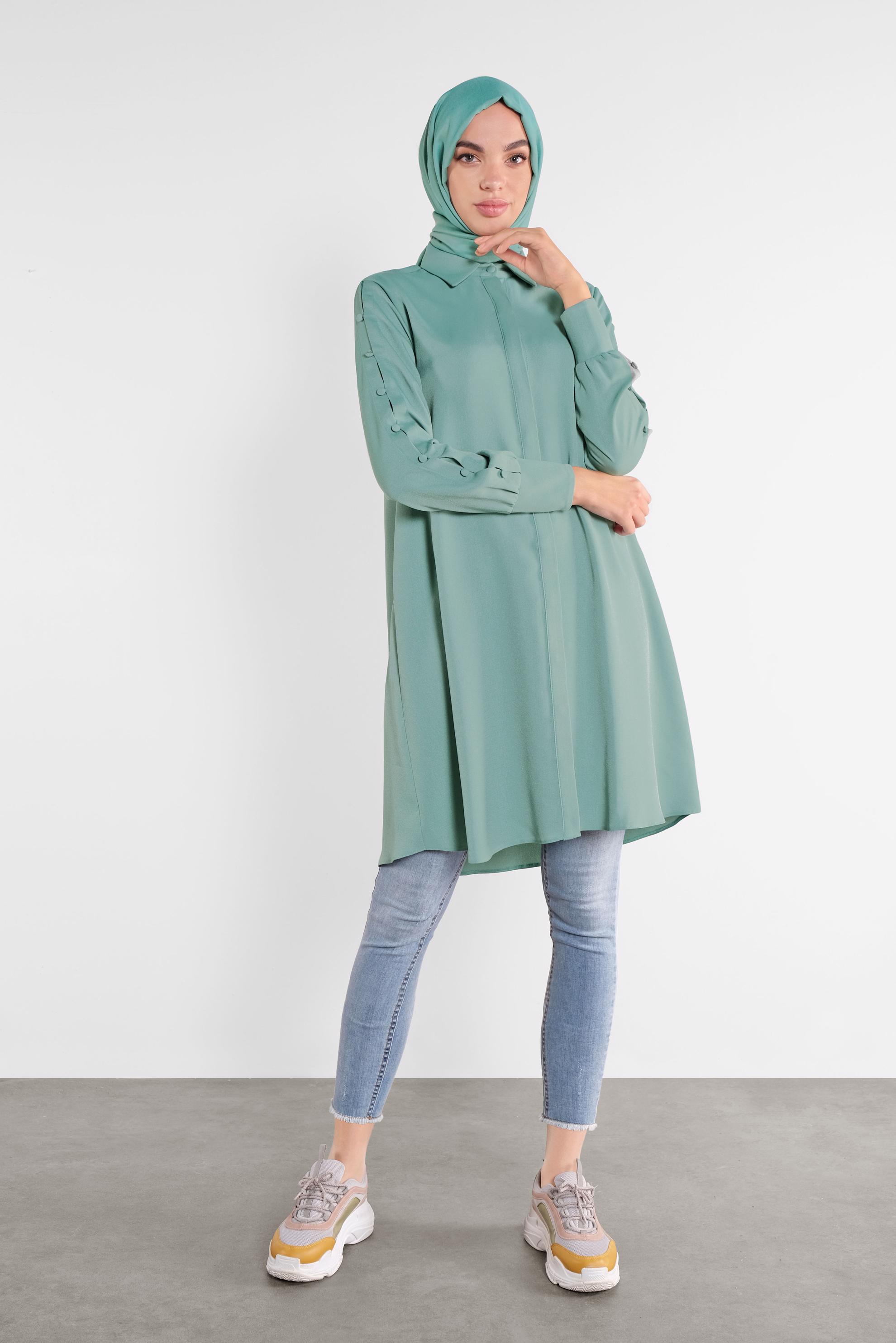 Tesettür giyim YEŞİL KOLLARI DÜĞME DETAYLI ERKEK YAKA TUNİK 41179 