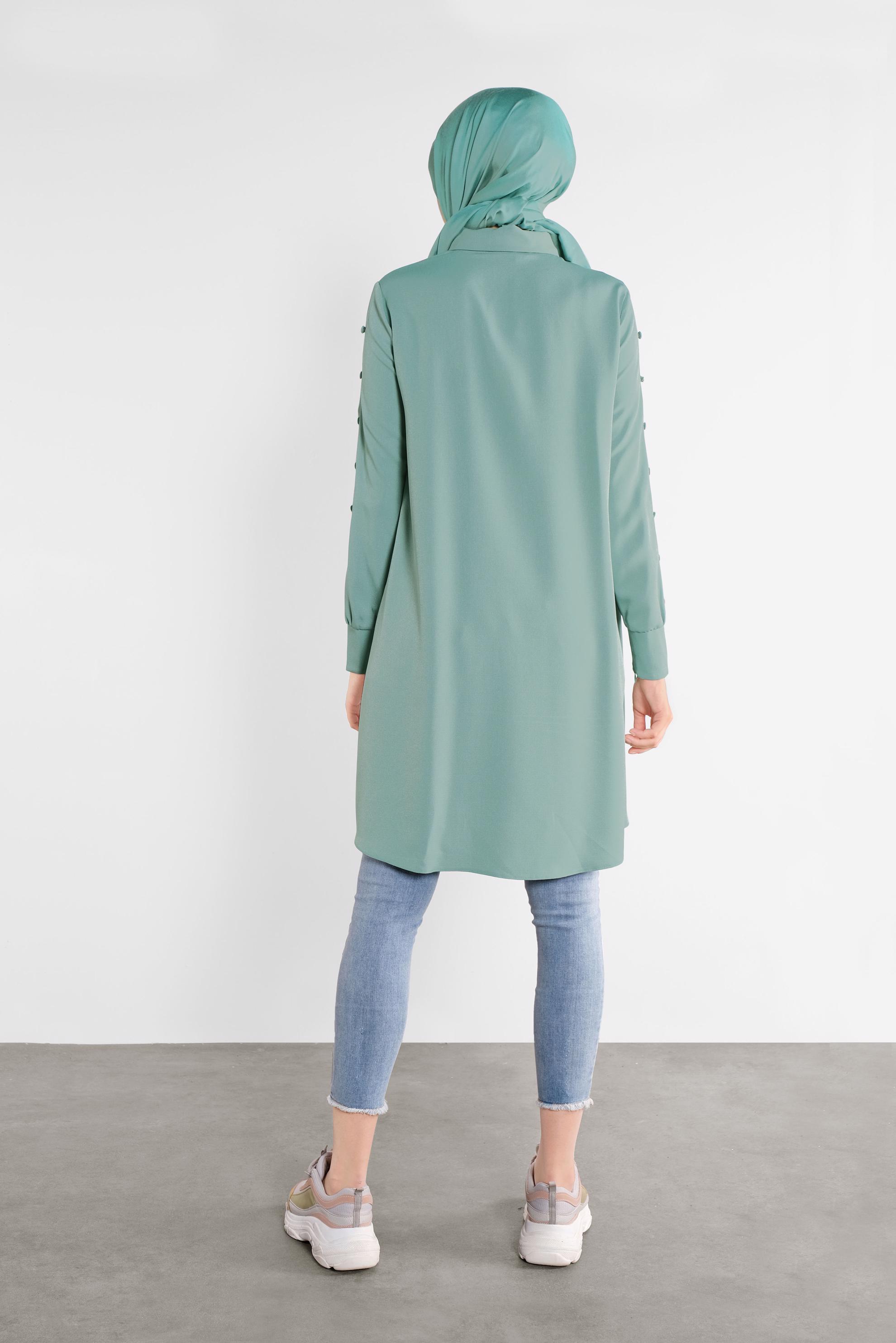 Tesettür giyim YEŞİL KOLLARI DÜĞME DETAYLI ERKEK YAKA TUNİK 41179 