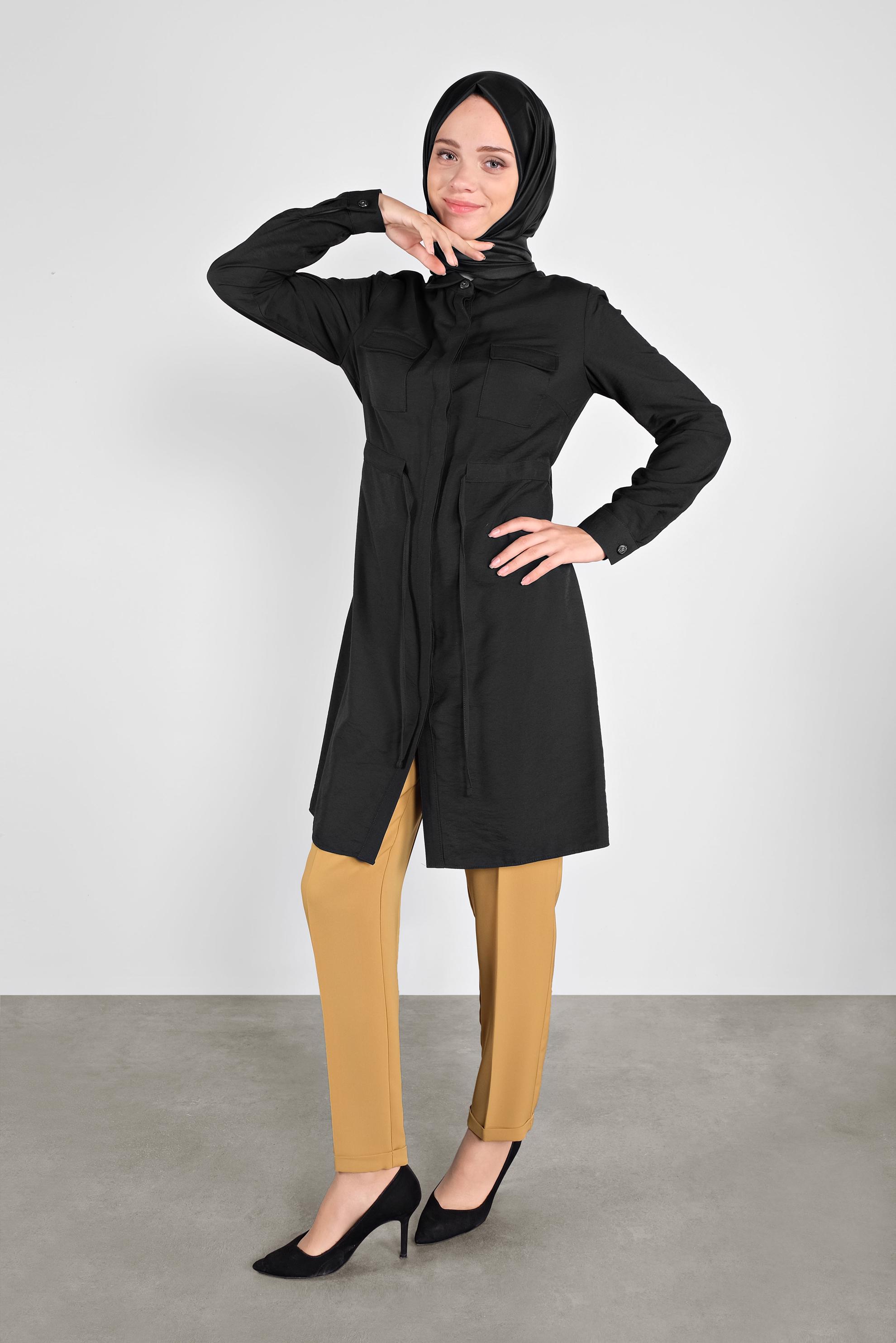 Tesettür giyim SİYAH BELİ BAĞCIKLI DÜĞMELİ TUNİK 41187 