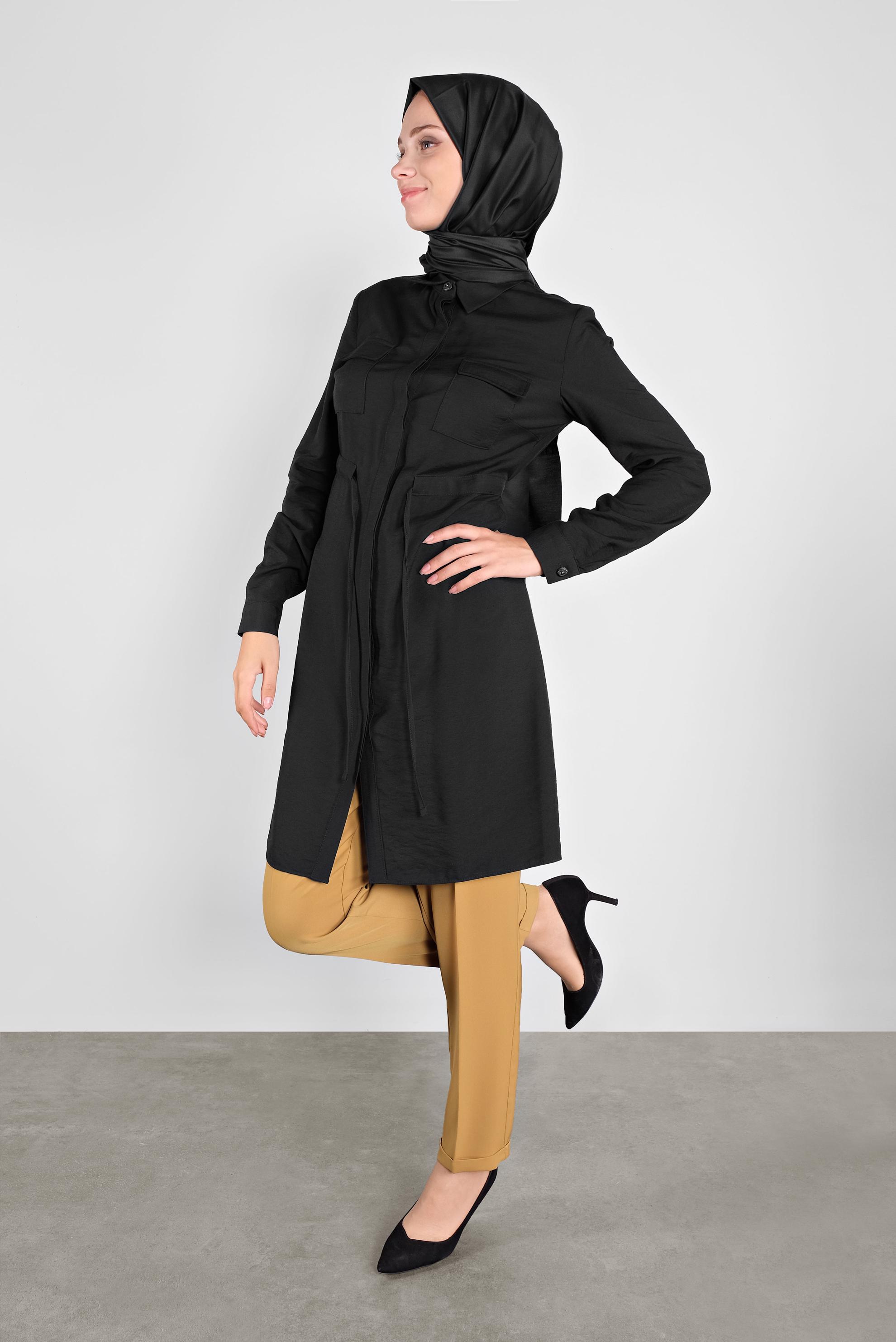 Tesettür giyim SİYAH BELİ BAĞCIKLI DÜĞMELİ TUNİK 41187 