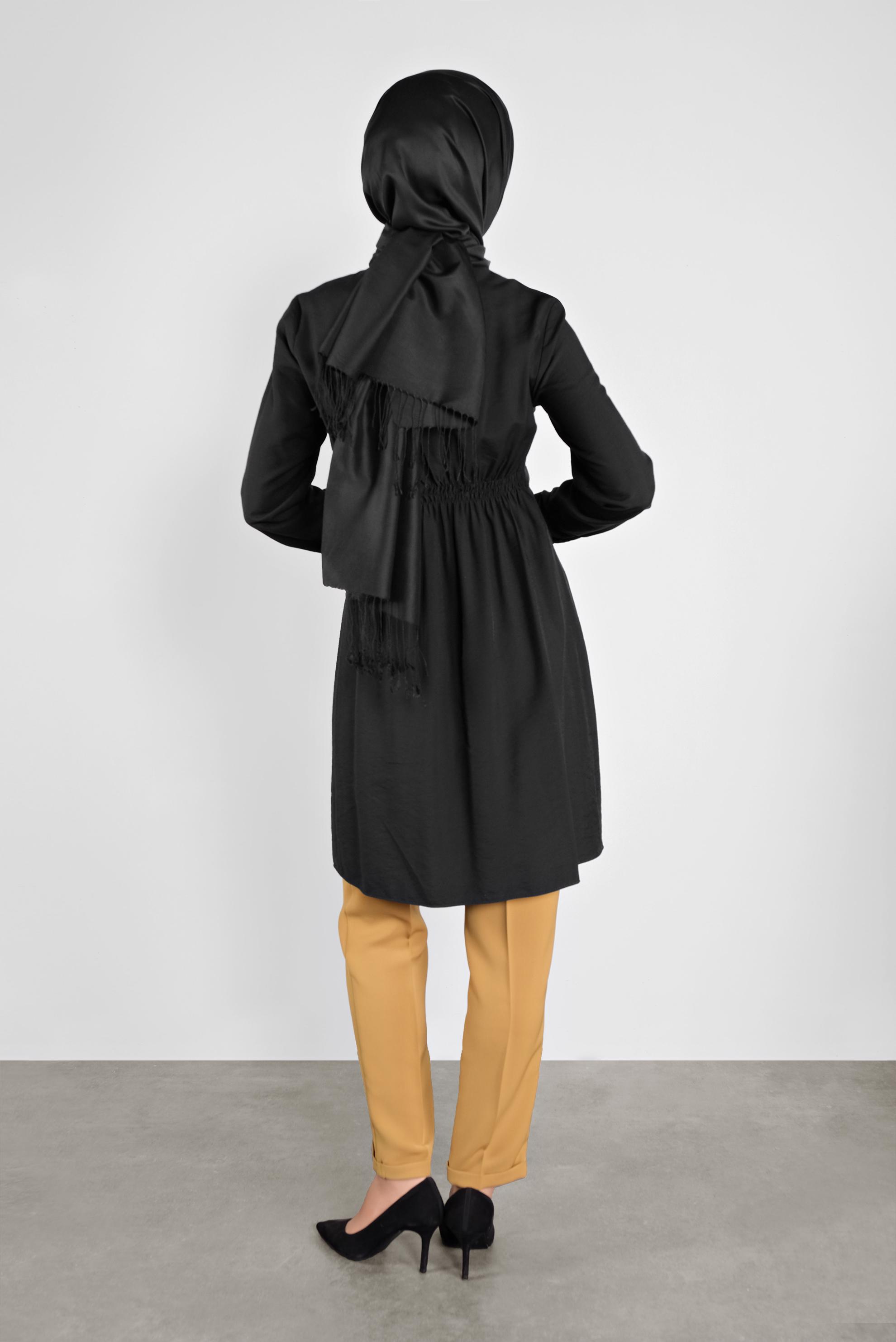 Tesettür giyim SİYAH BELİ BAĞCIKLI DÜĞMELİ TUNİK 41187 